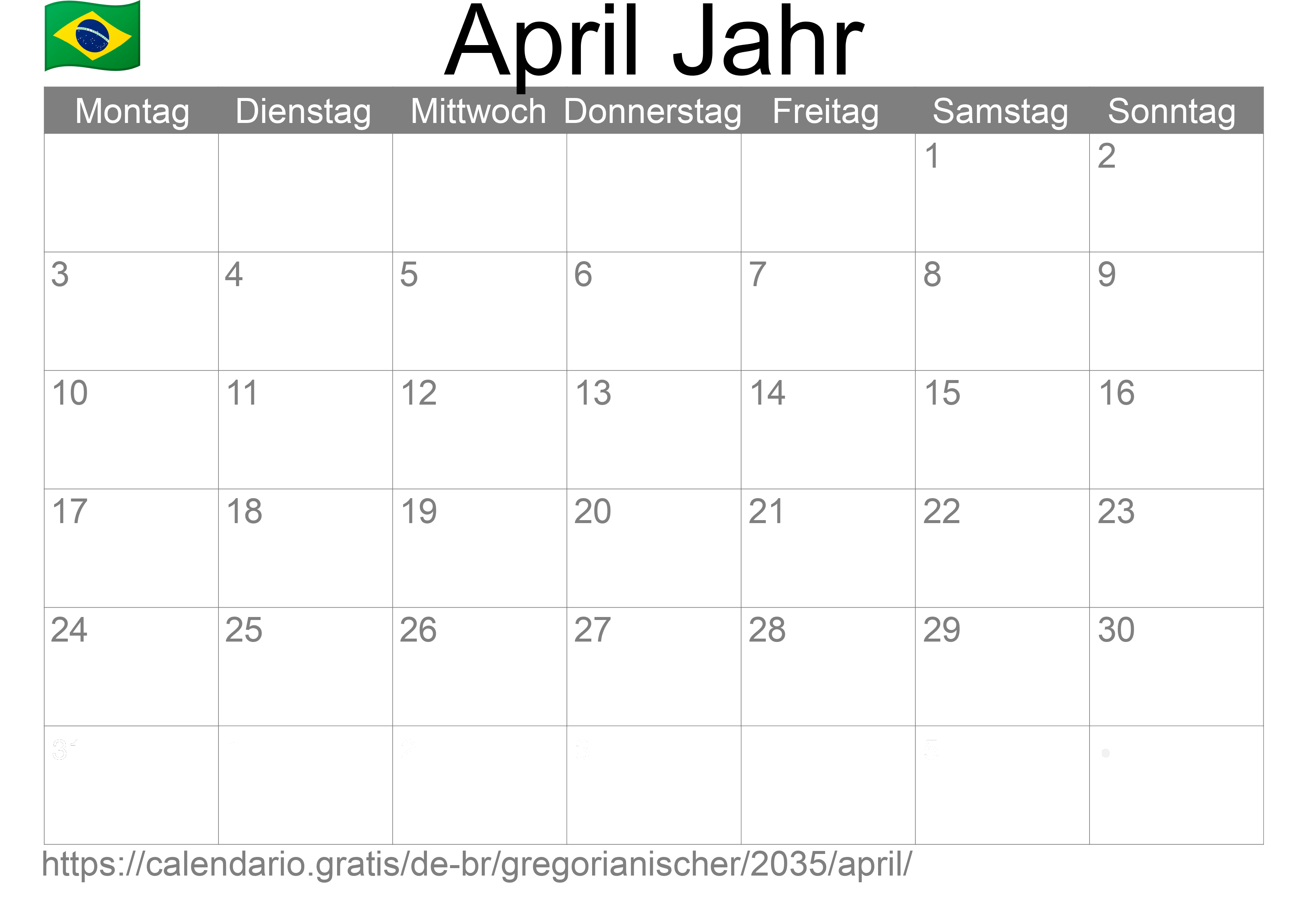 Kalender April 2035 zum Ausdrucken