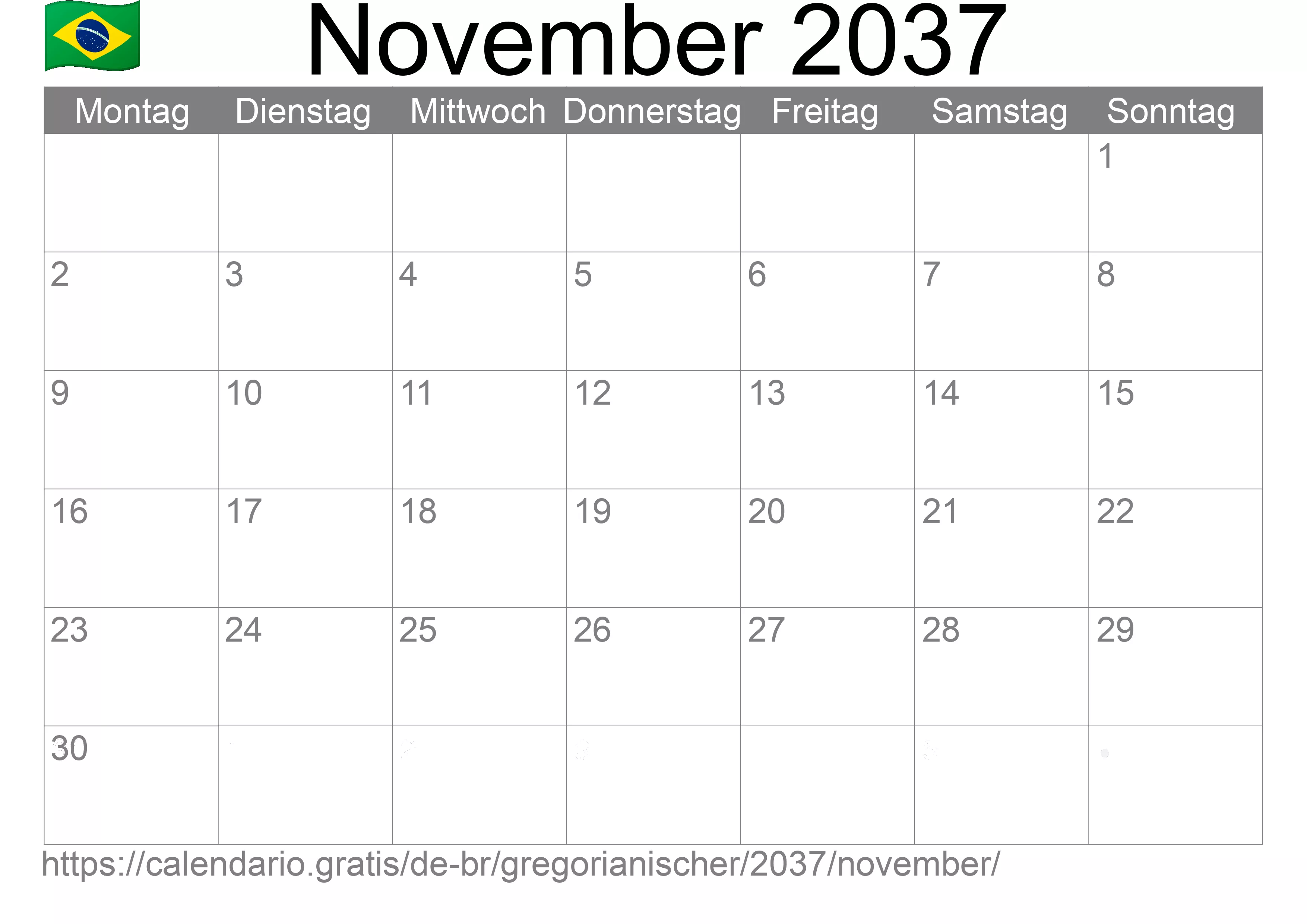 Kalender November 2037 zum Ausdrucken (Brasilien)