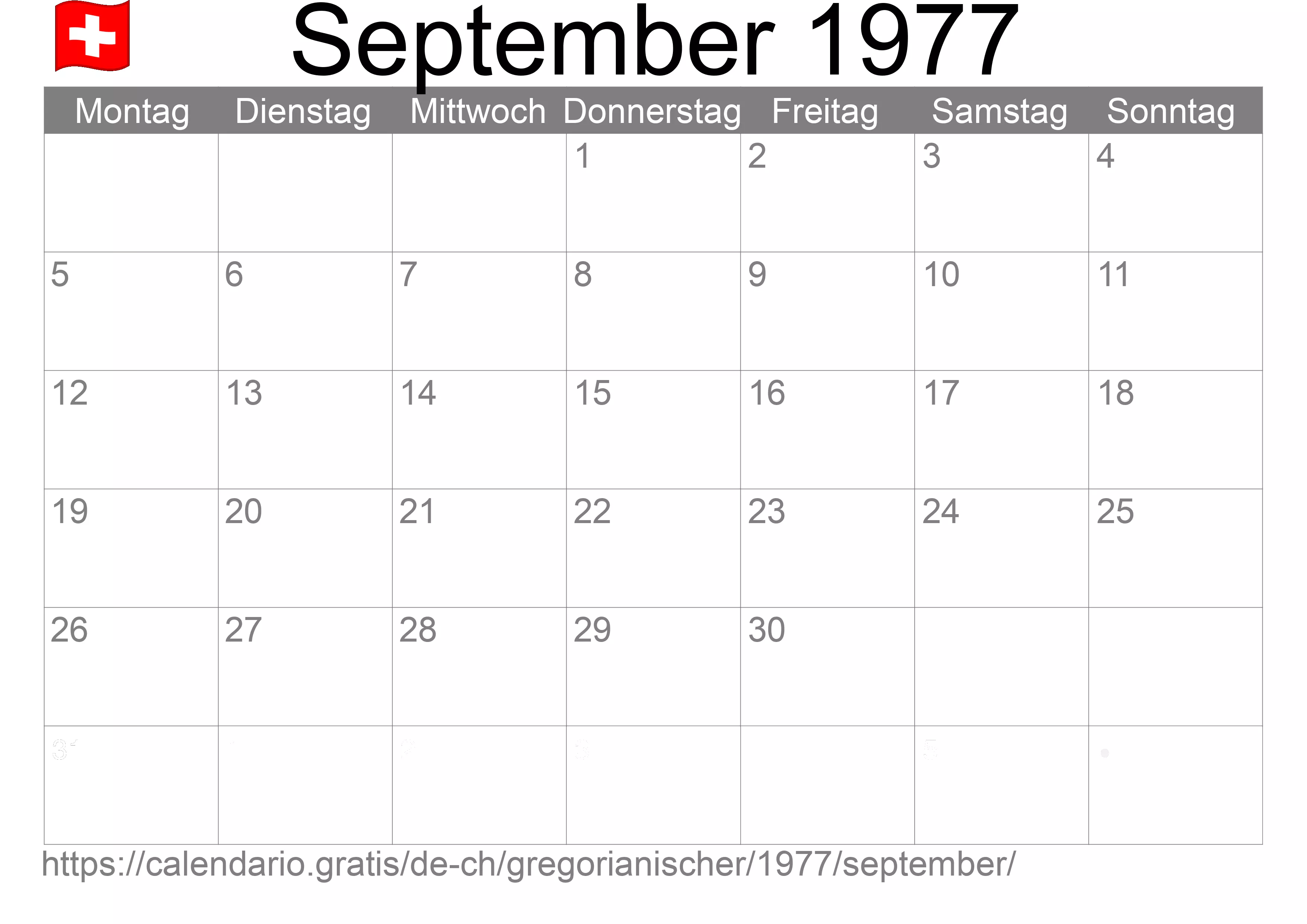 Kalender September 1977 zum Ausdrucken (Schweiz)