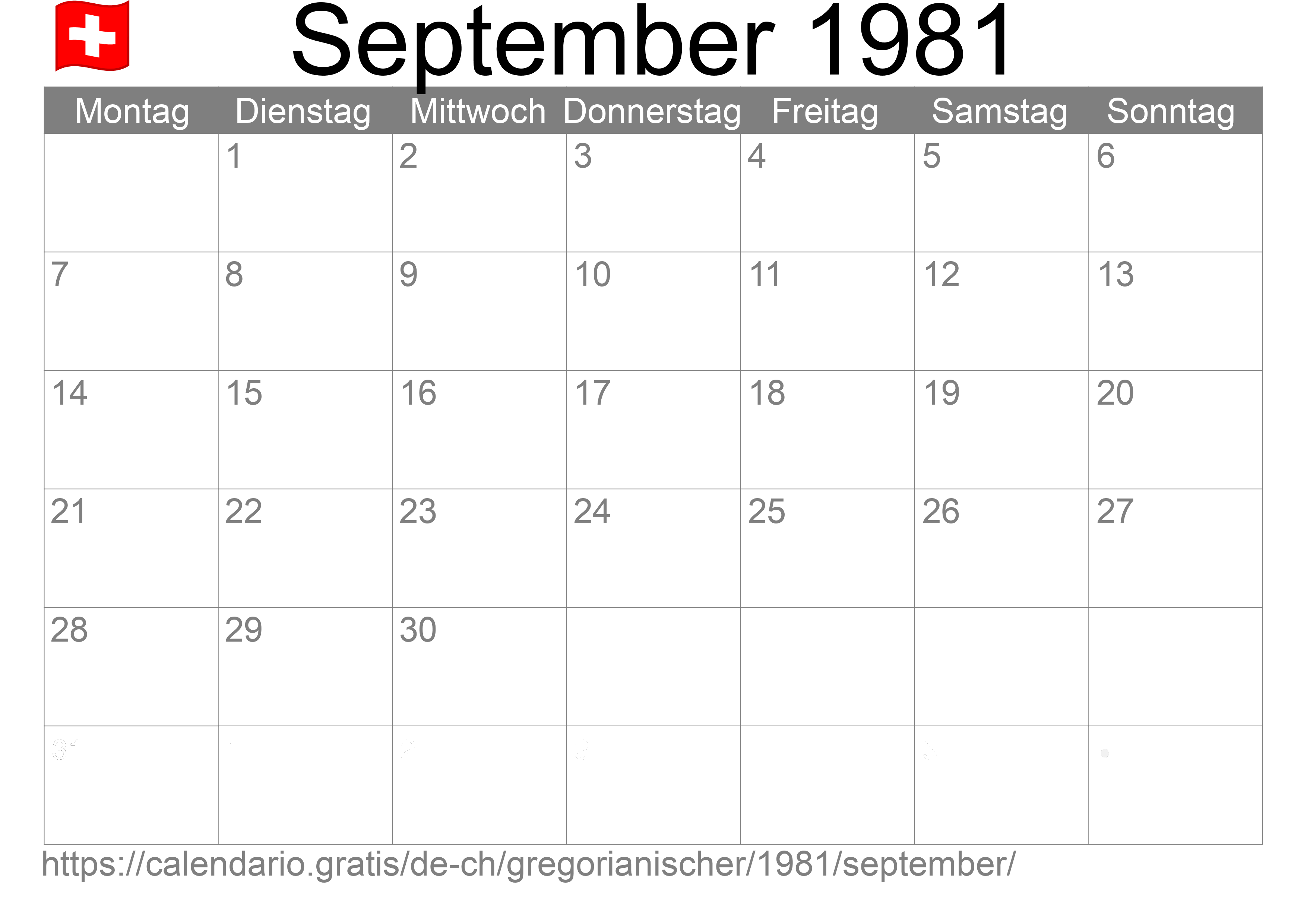 Kalender September 1981 zum Ausdrucken