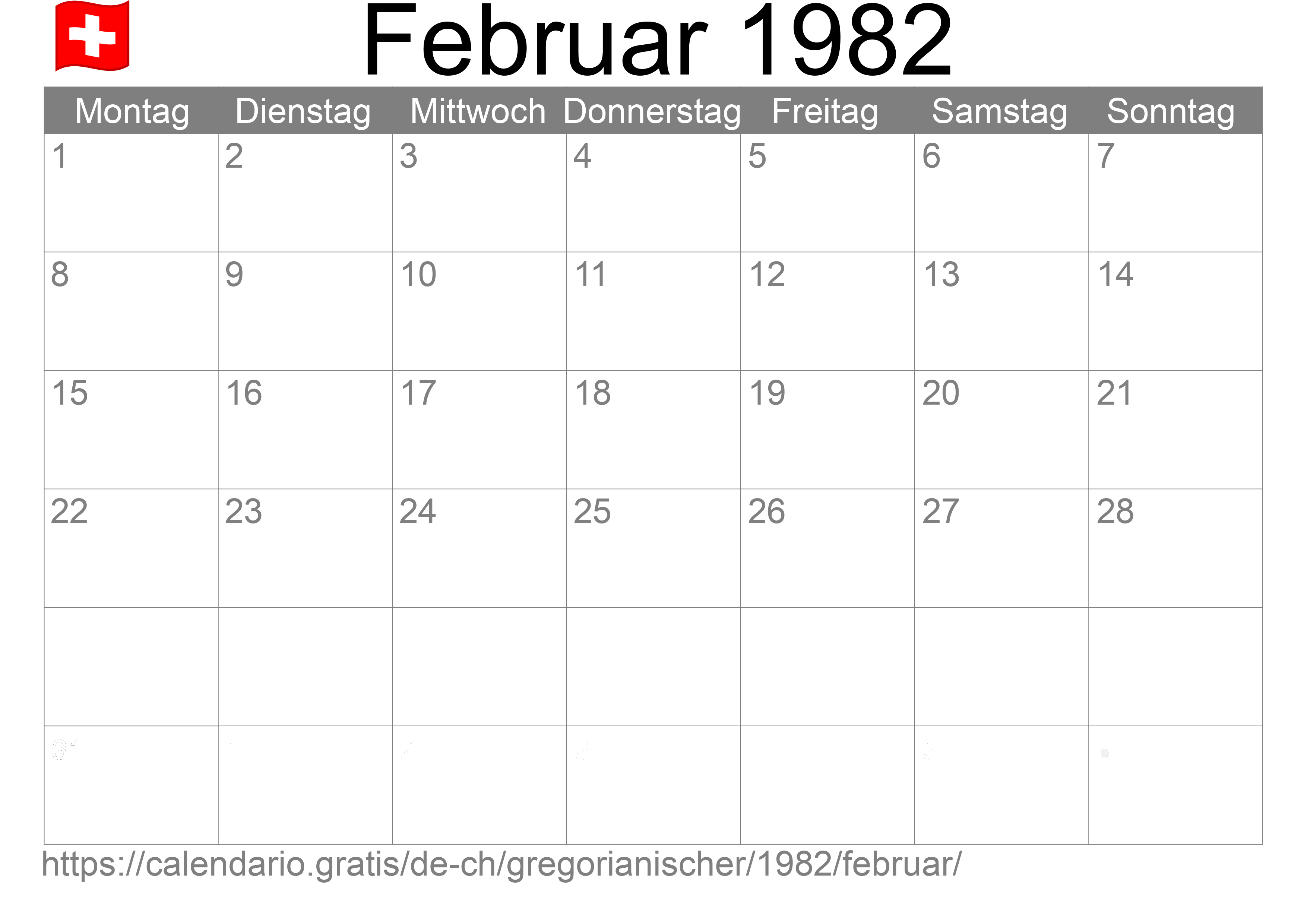 Kalender Februar 1982 zum Ausdrucken