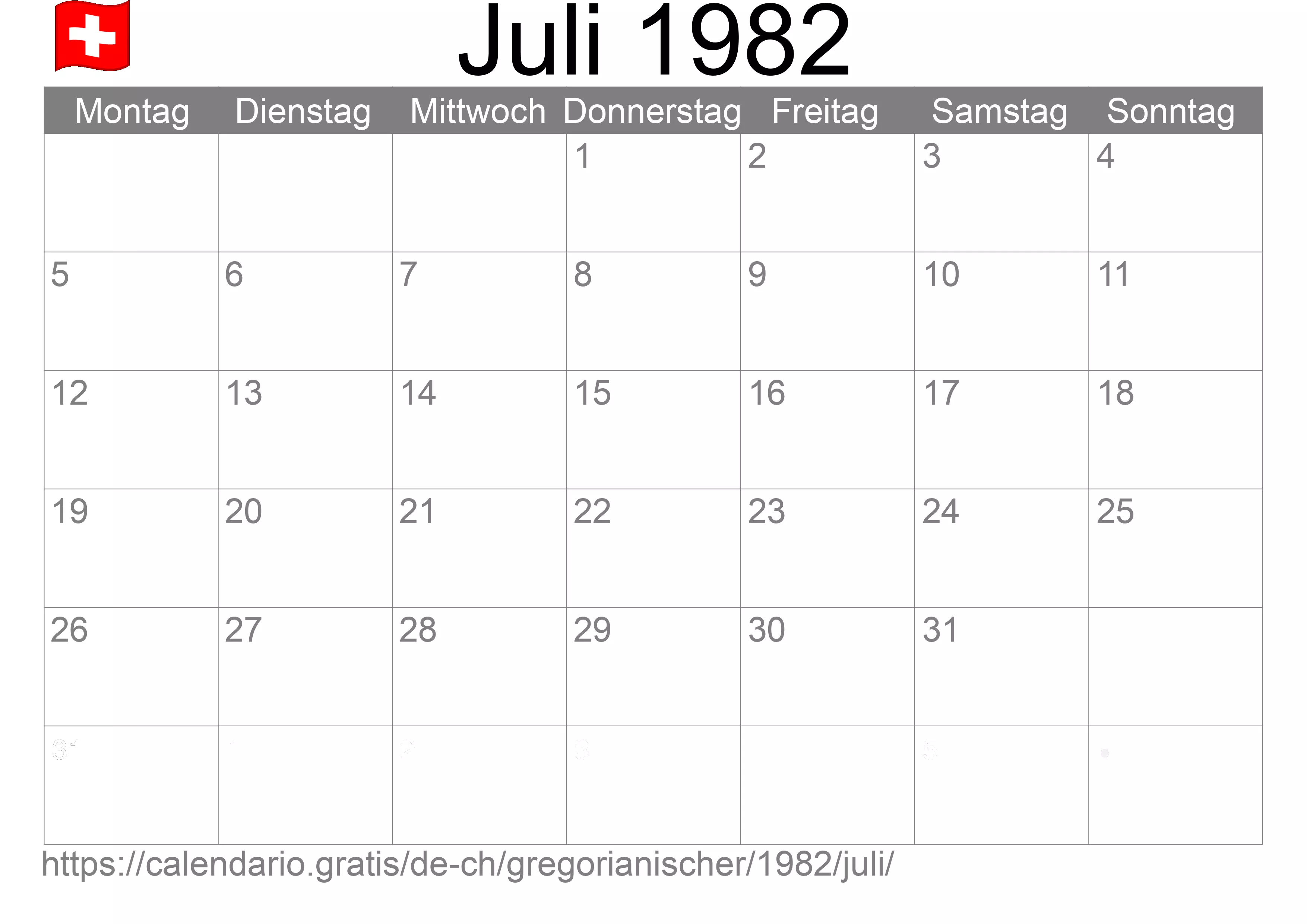 Kalender Juli 1982 zum Ausdrucken (Schweiz)