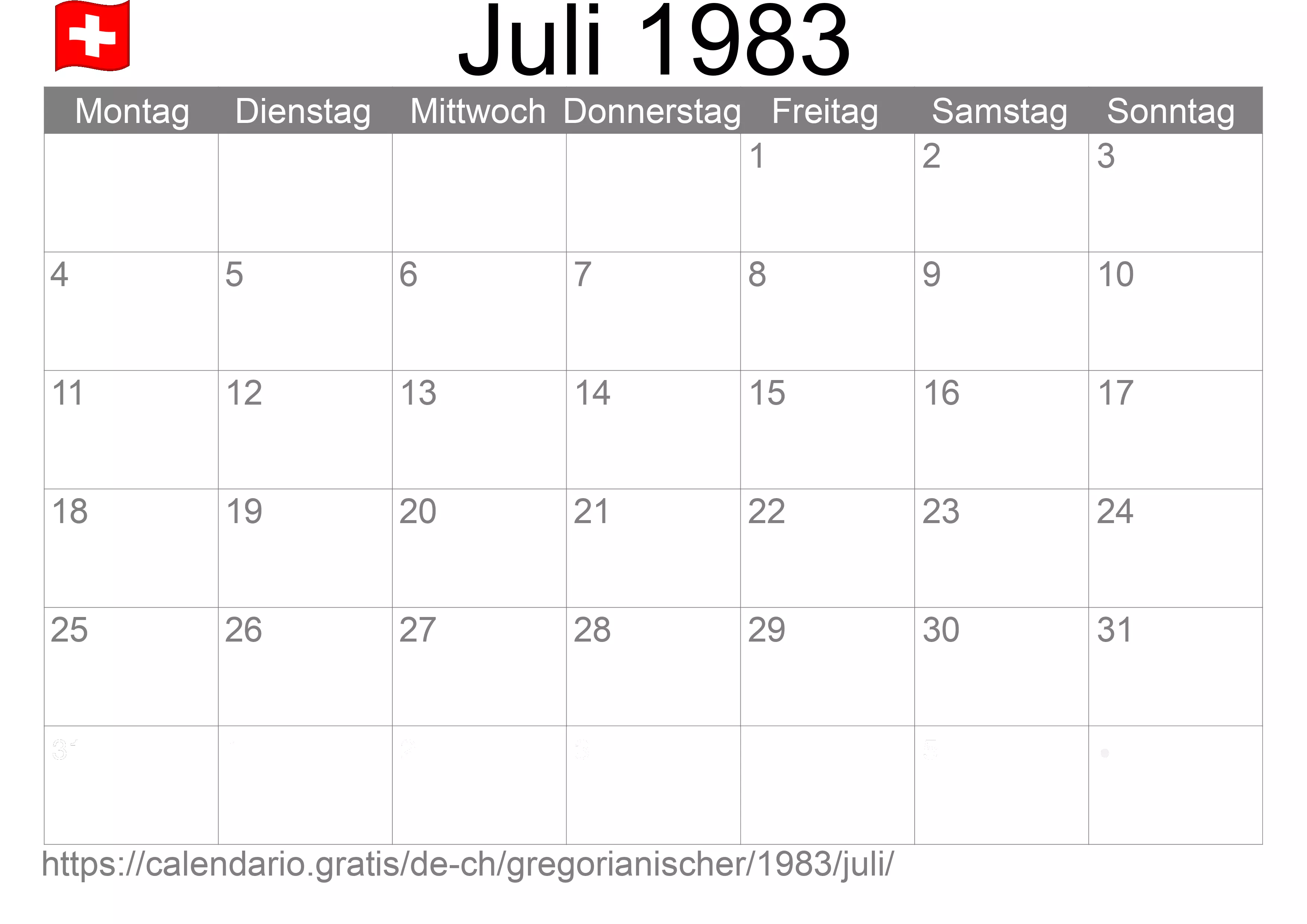 Kalender Juli 1983 zum Ausdrucken (Schweiz) Kalender Juli 1983 zum Ausdrucken (Schweiz)