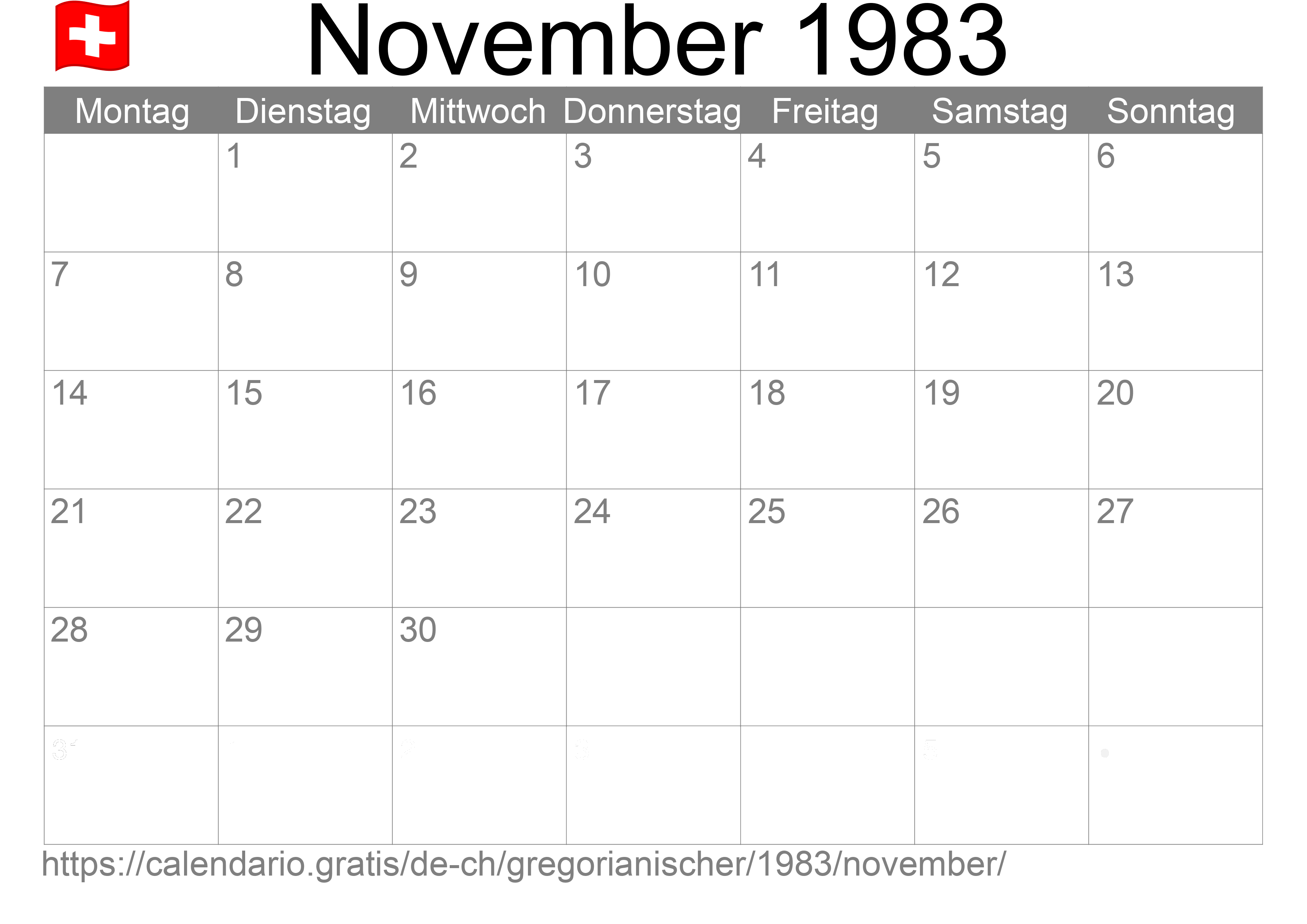 Kalender November 1983 zum Ausdrucken