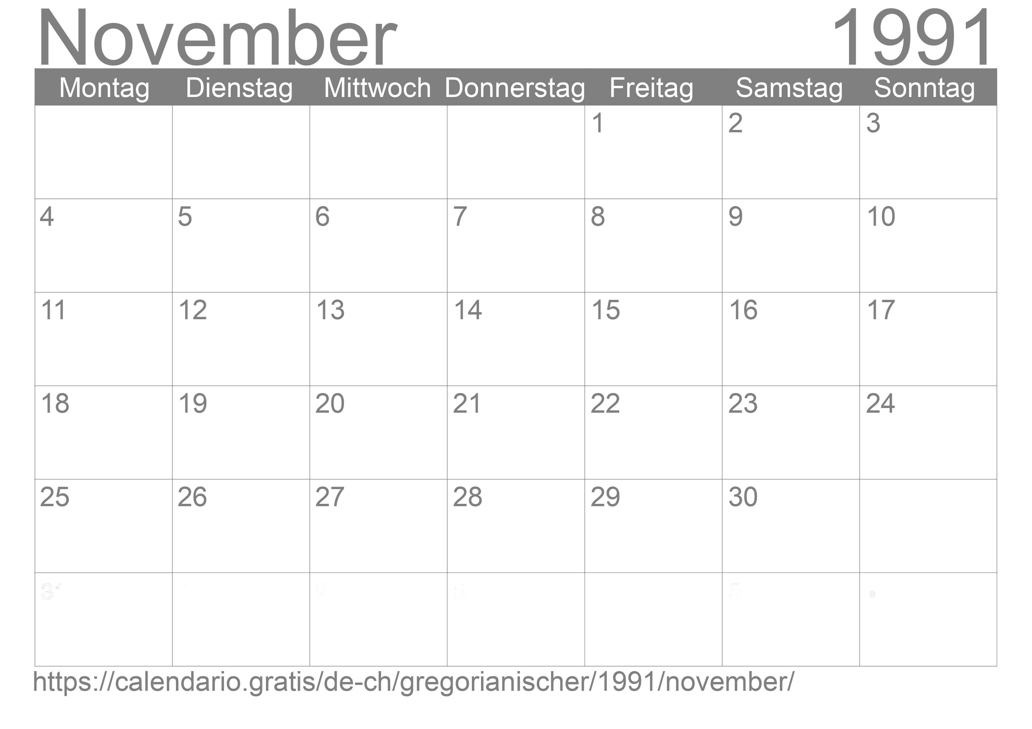 Kalender November 1991 zum Ausdrucken