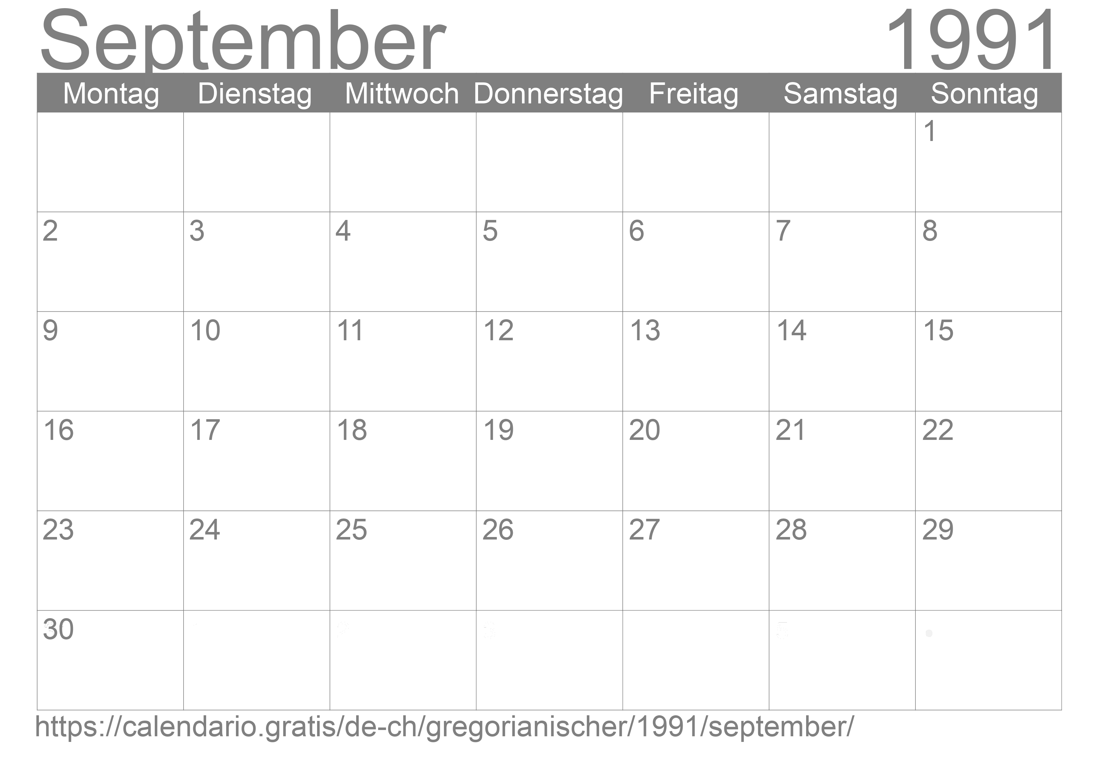 Kalender September 1991 zum Ausdrucken