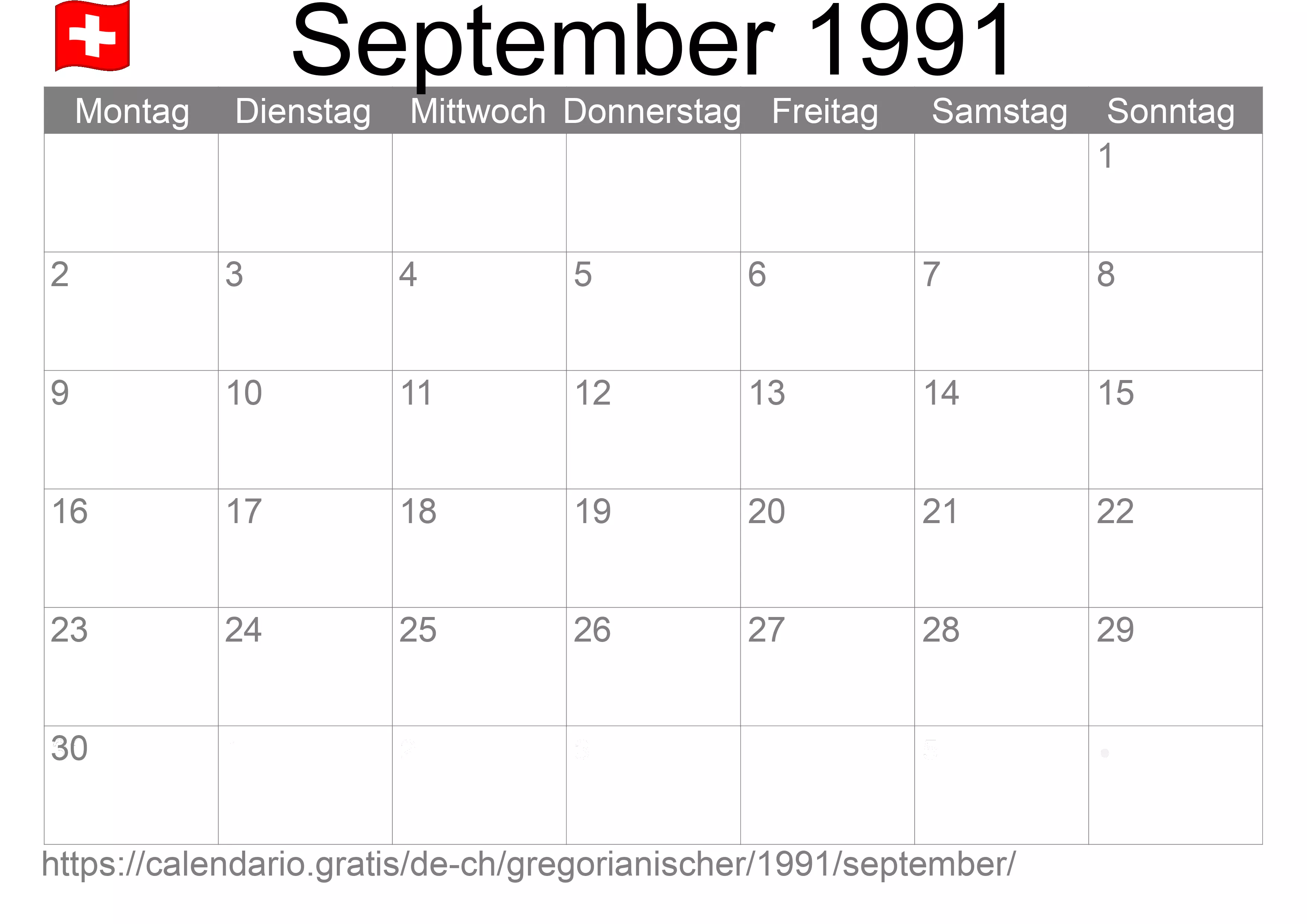 Kalender September 1991 zum Ausdrucken (Schweiz)