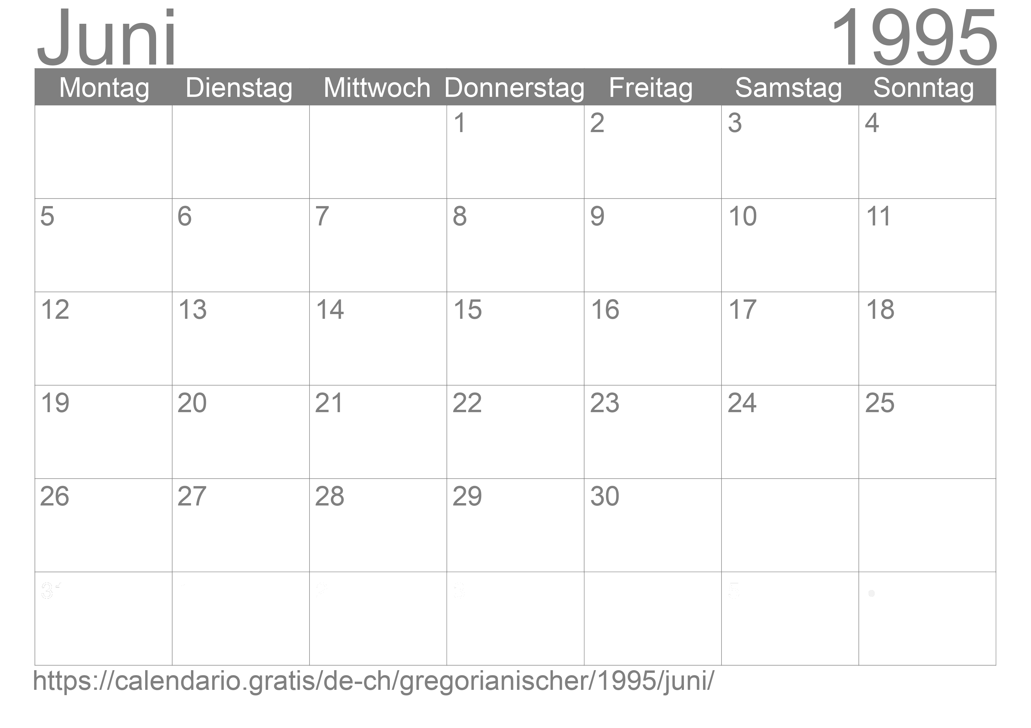 Kalender Juni 1995 zum Ausdrucken