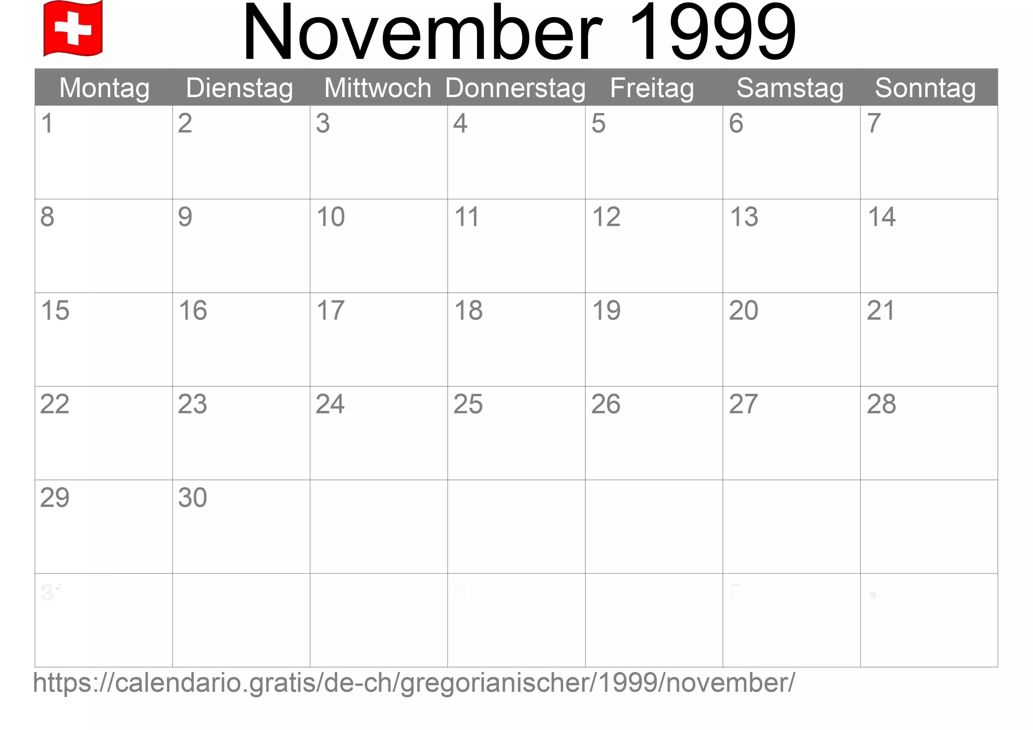 Kalender November 1999 zum Ausdrucken (Schweiz)