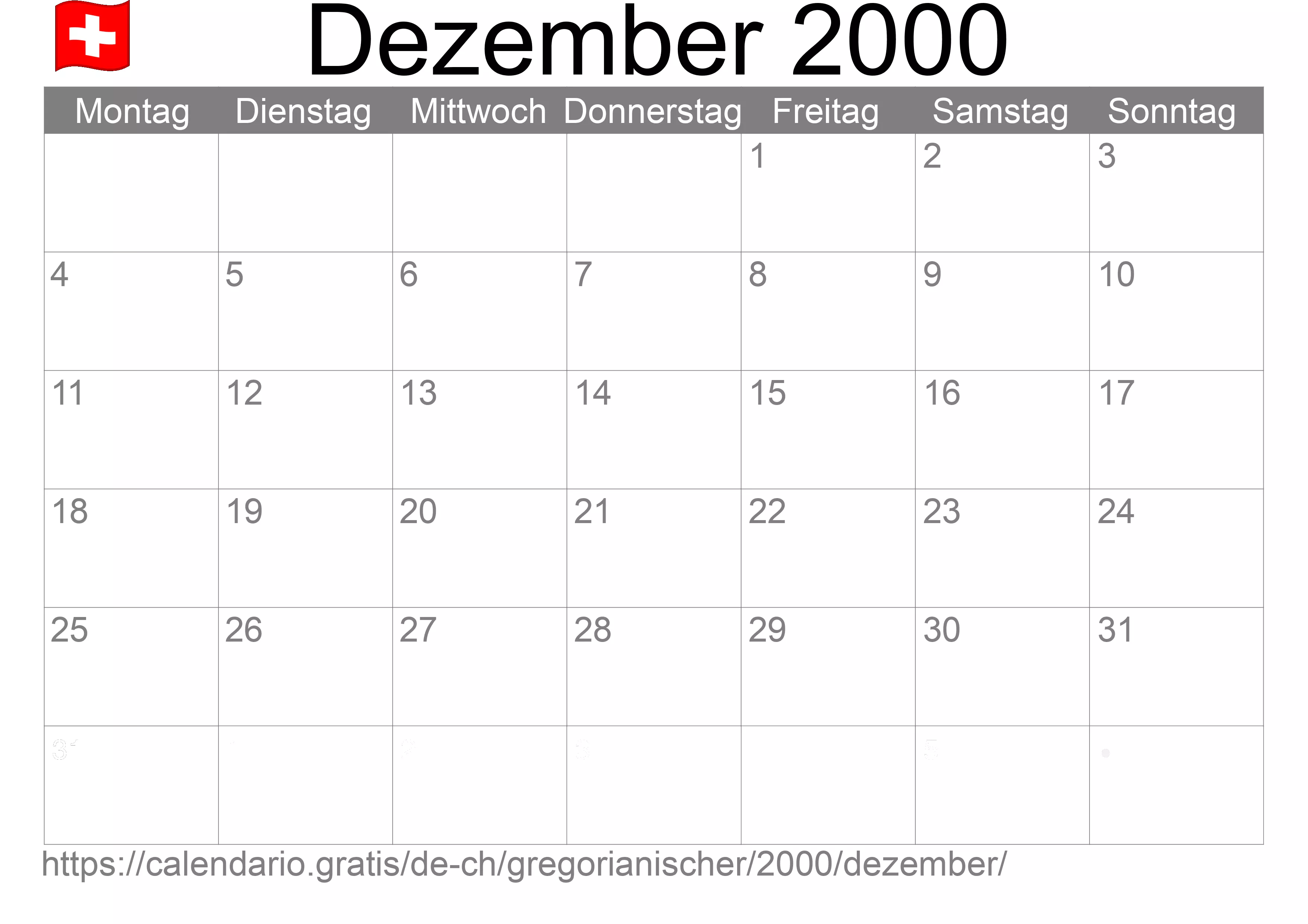 Kalender Dezember 2000 zum Ausdrucken (Schweiz)