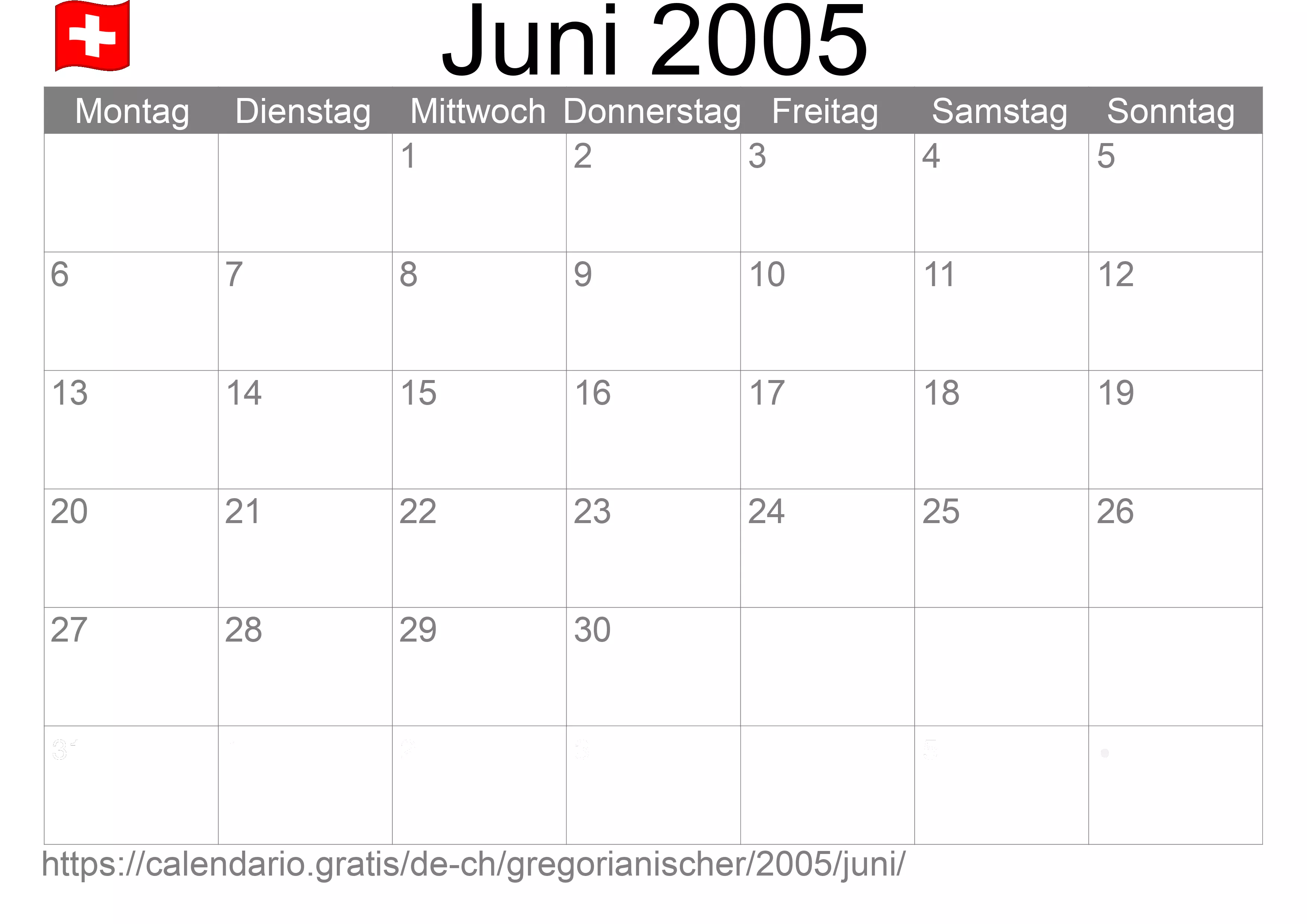 Kalender Juni 2005 zum Ausdrucken (Schweiz)