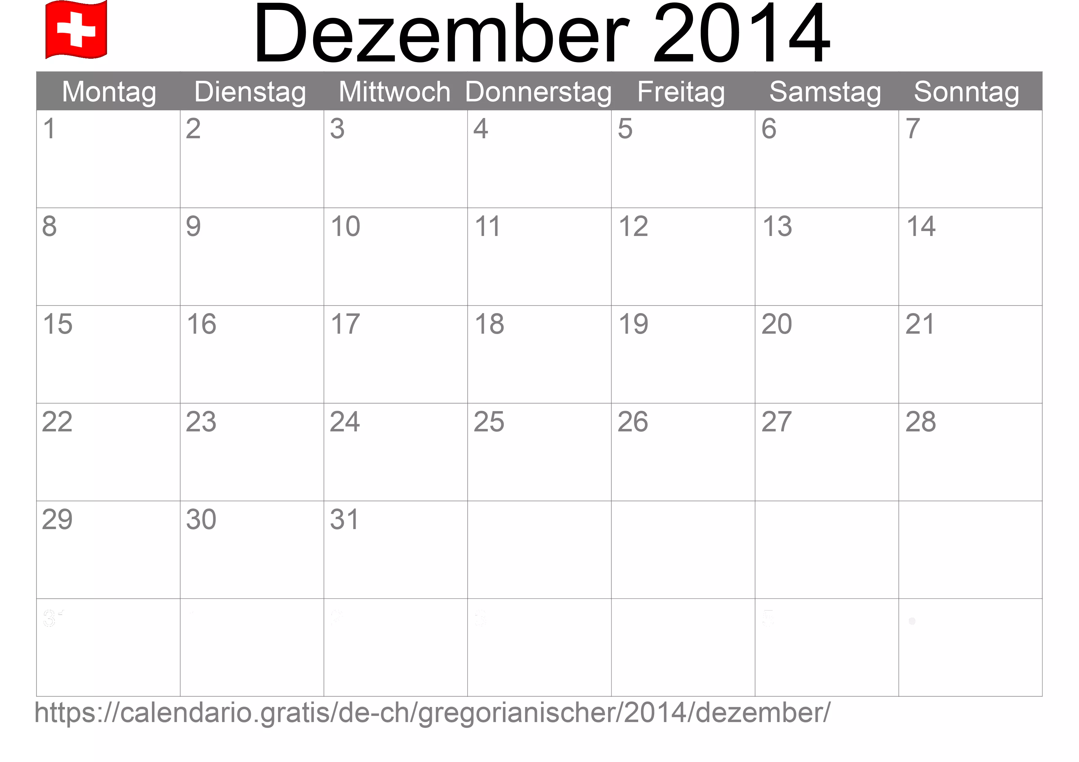 Kalender Dezember 2014 zum Ausdrucken (Schweiz)