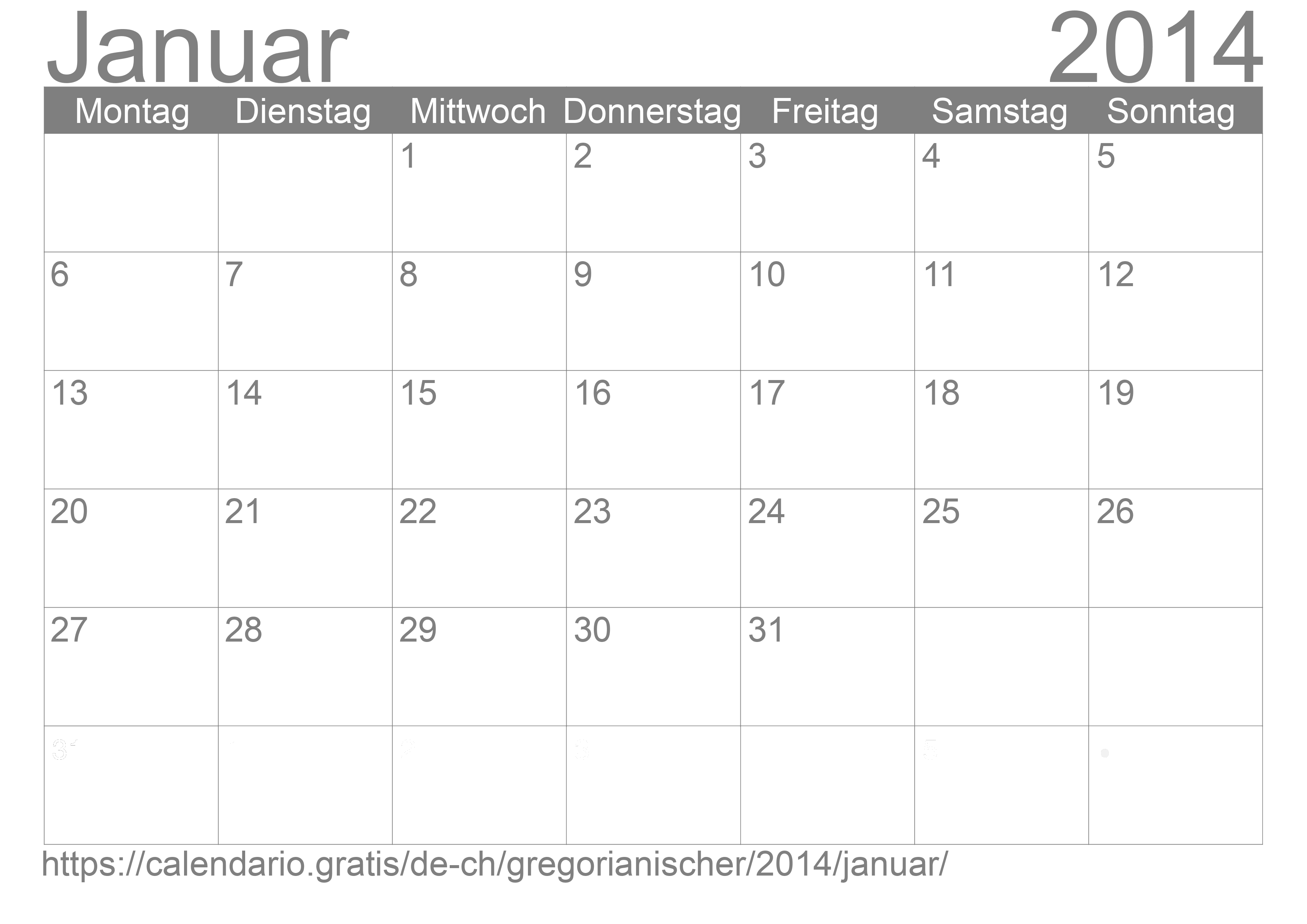 Kalender Januar 2014 zum Ausdrucken