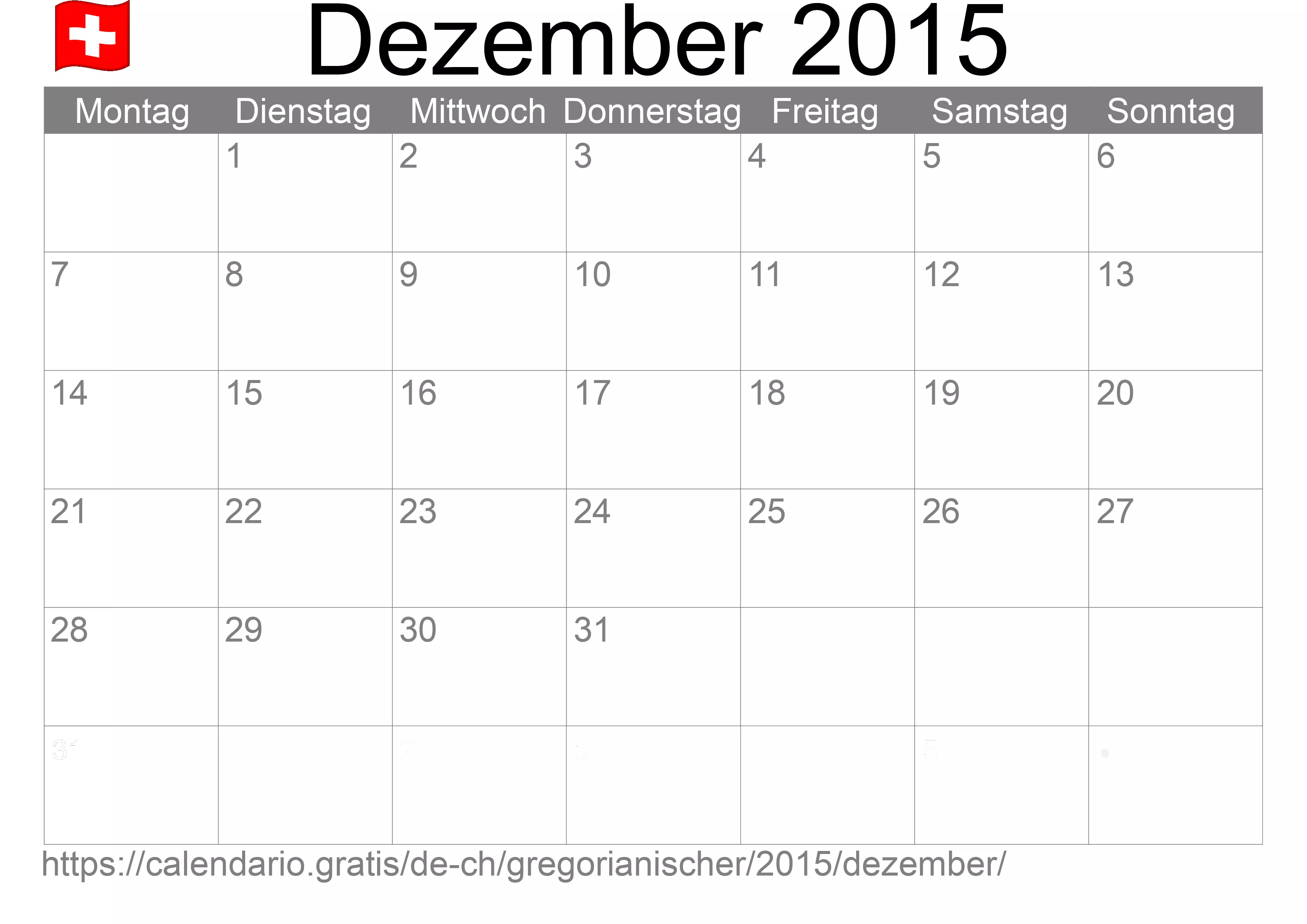 Kalender Dezember 2015 zum Ausdrucken (Schweiz)