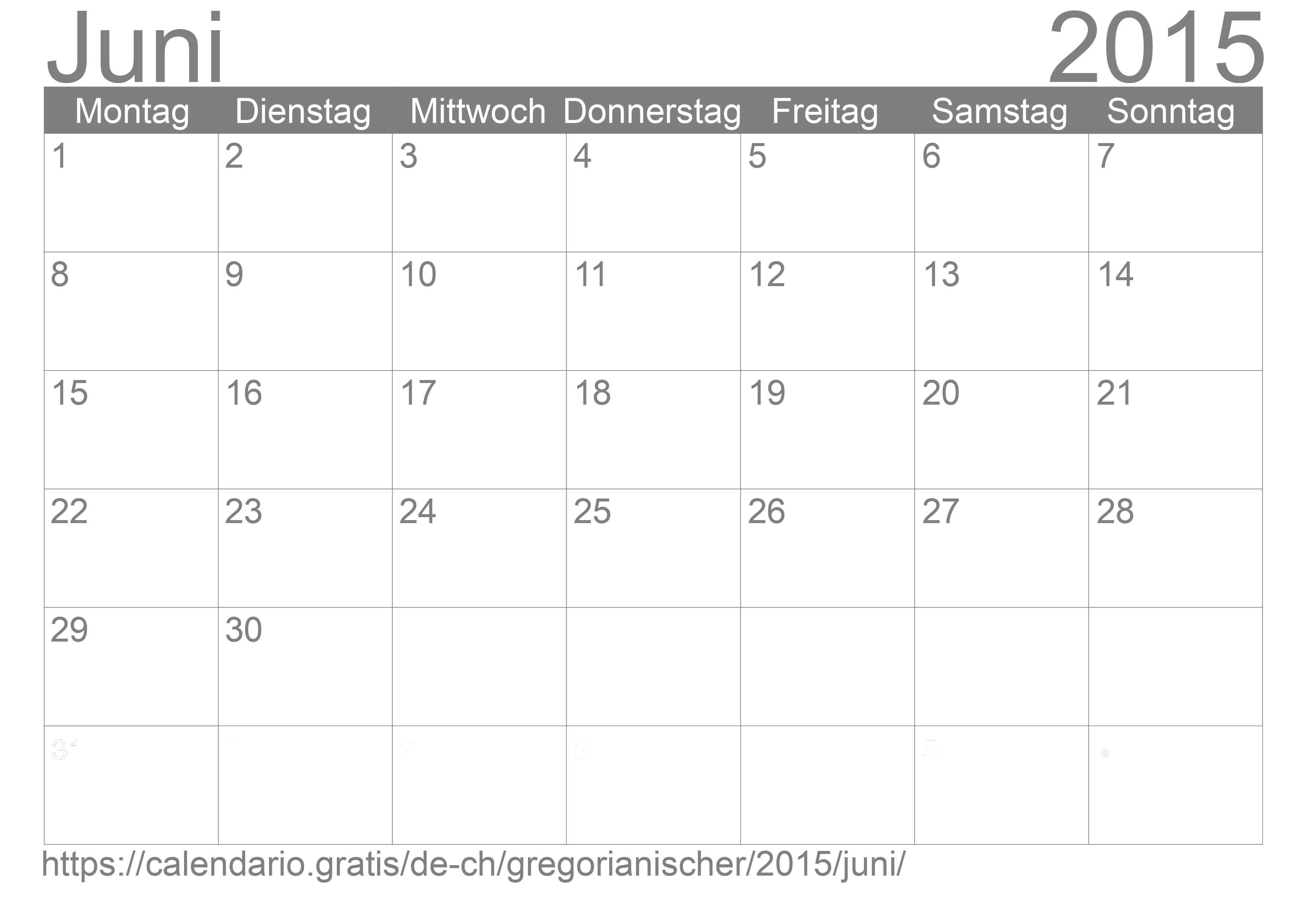 Kalender Juni 2015 zum Ausdrucken