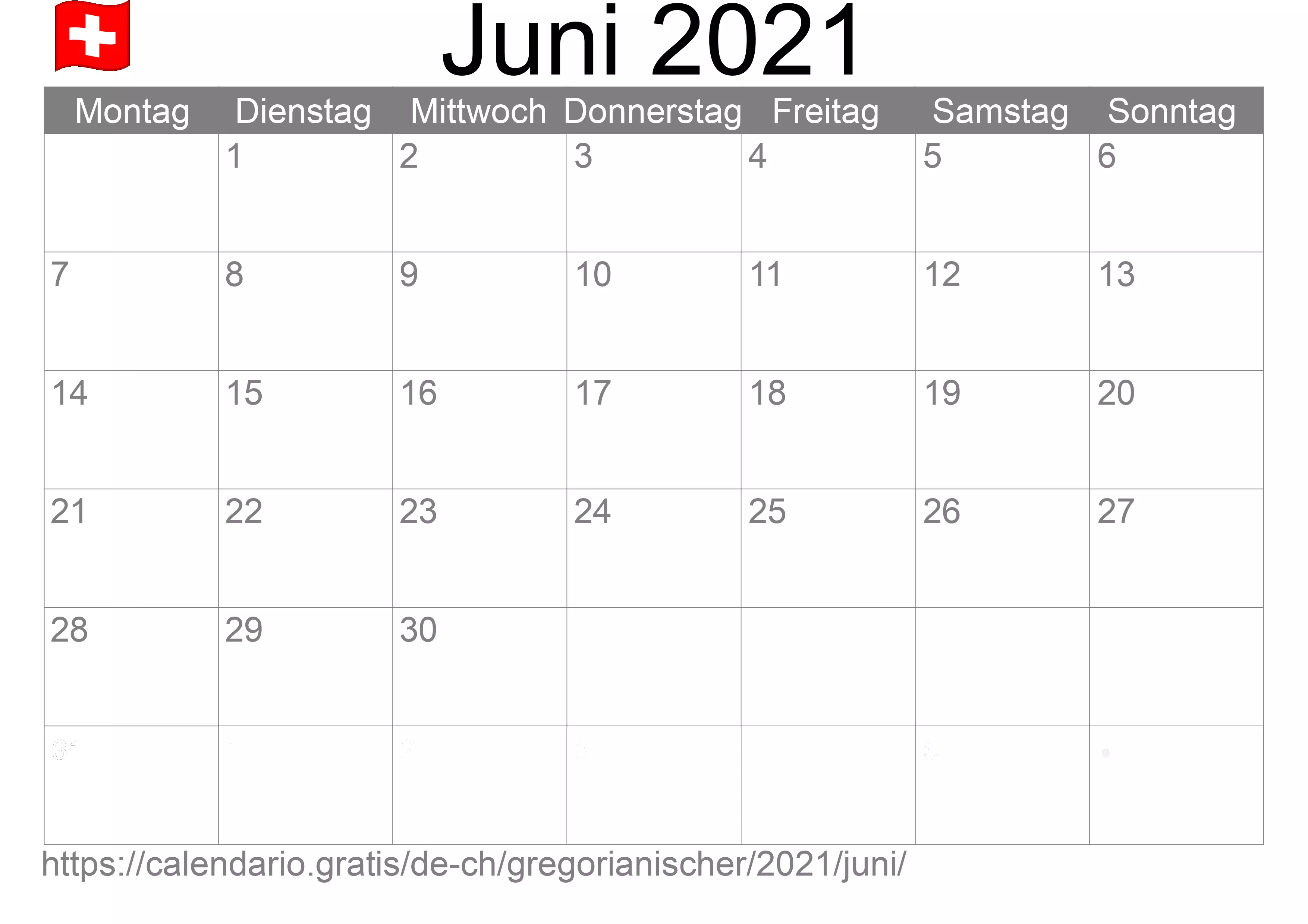 Kalender Juni 2021 zum Ausdrucken (Schweiz)