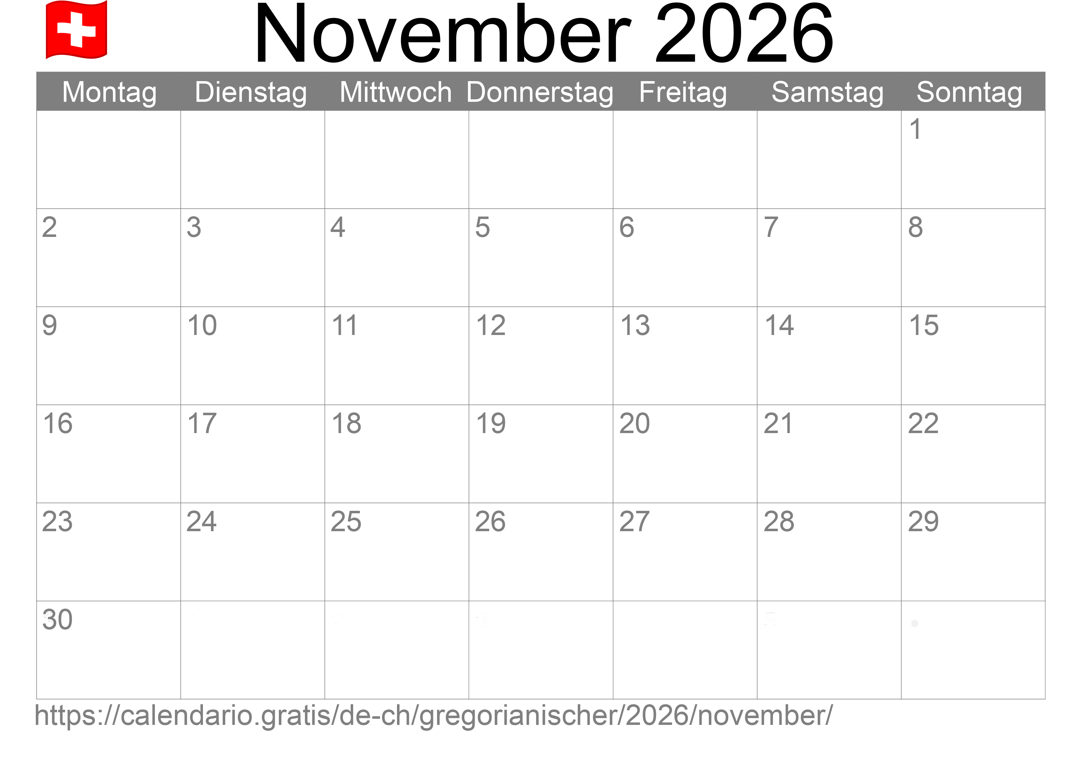 Kalender November 2026 zum Ausdrucken