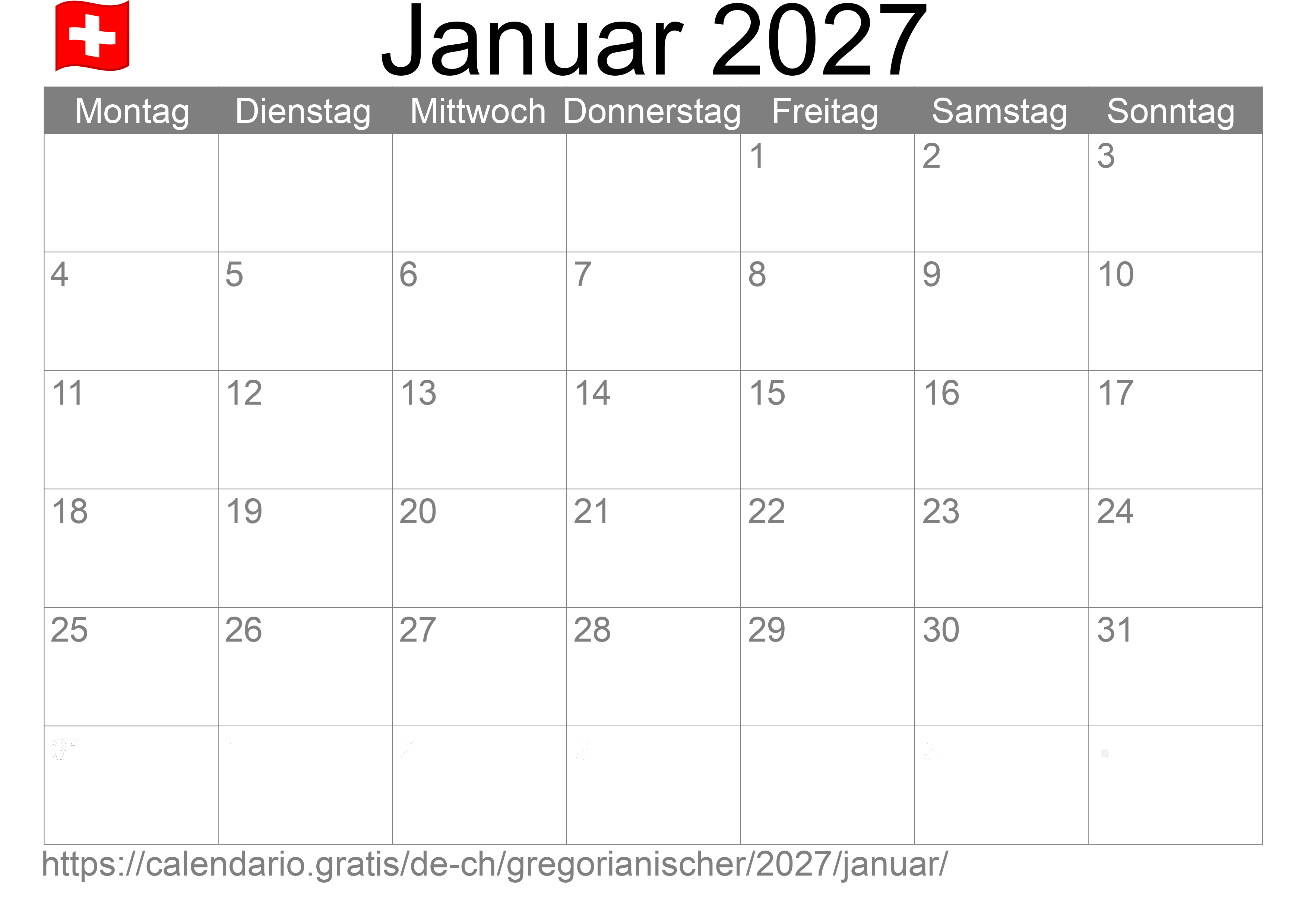 Kalender Januar 2027 zum Ausdrucken