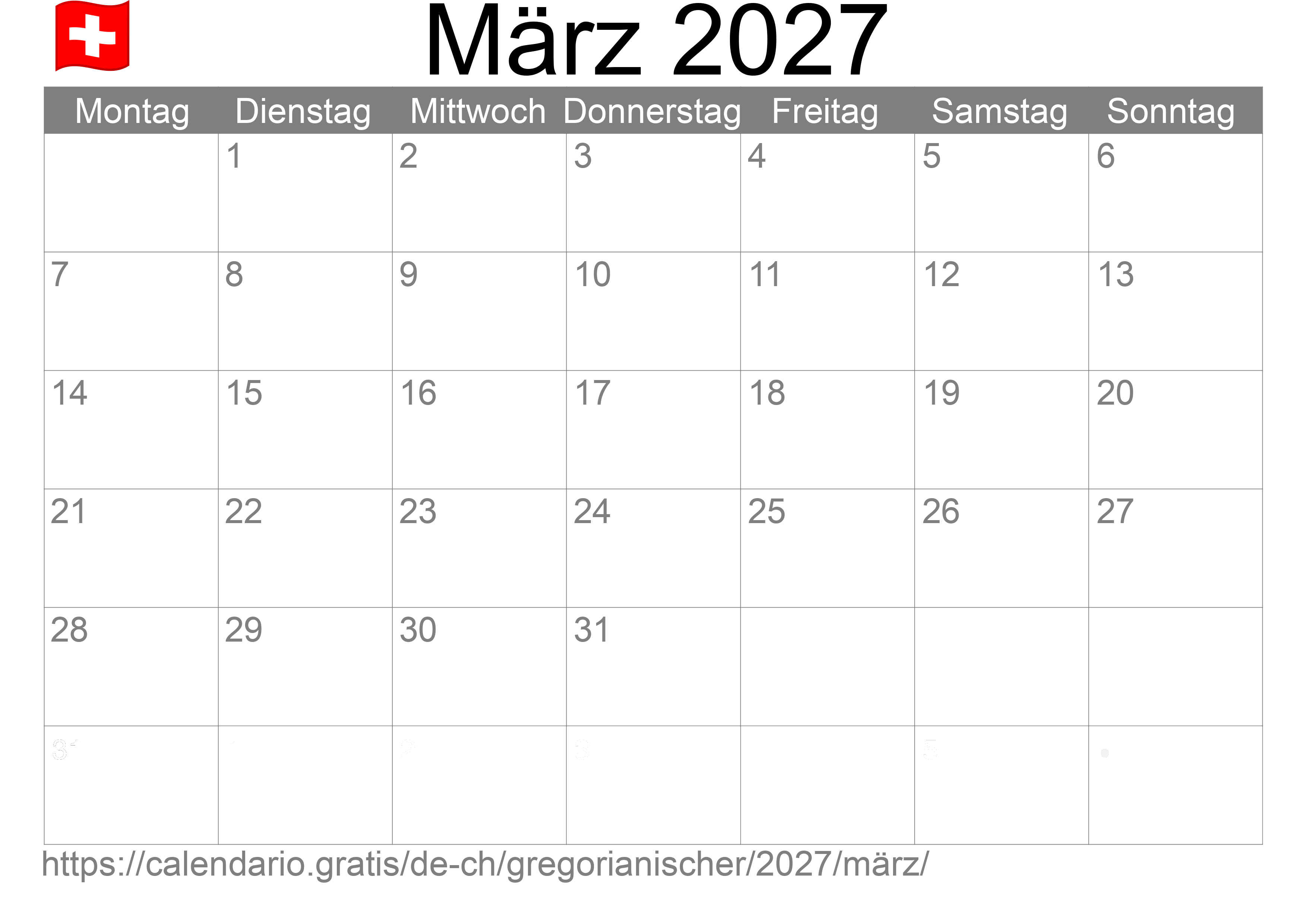 Kalender März 2027 zum Ausdrucken