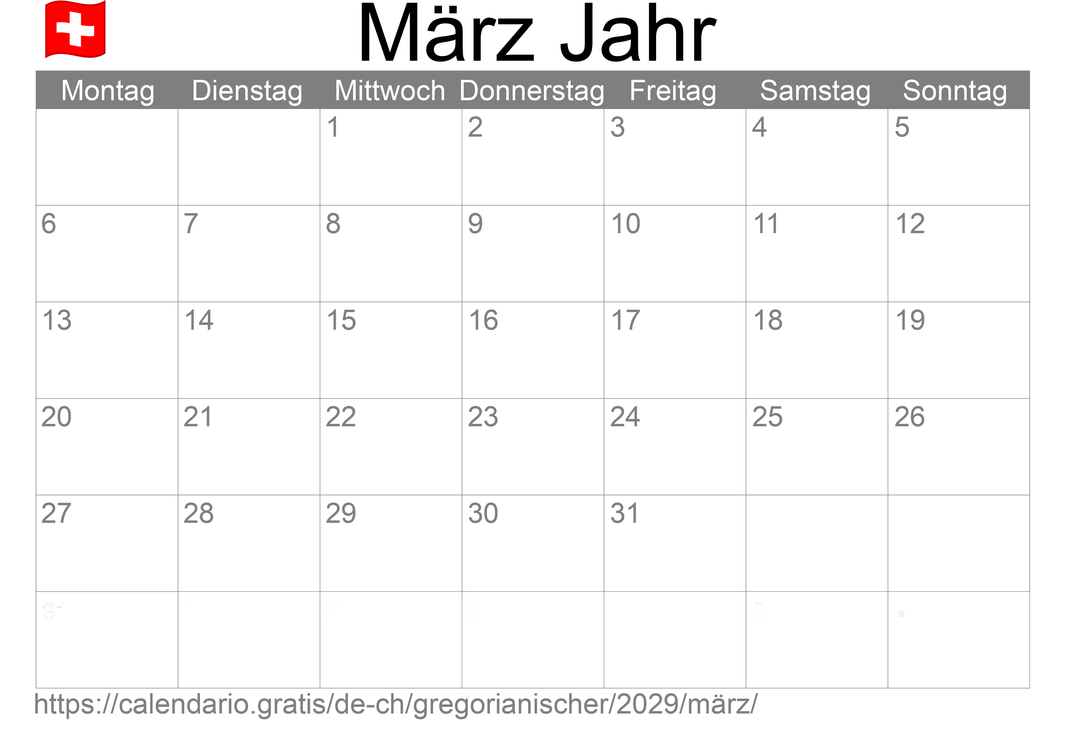 Kalender März 2029 zum Ausdrucken