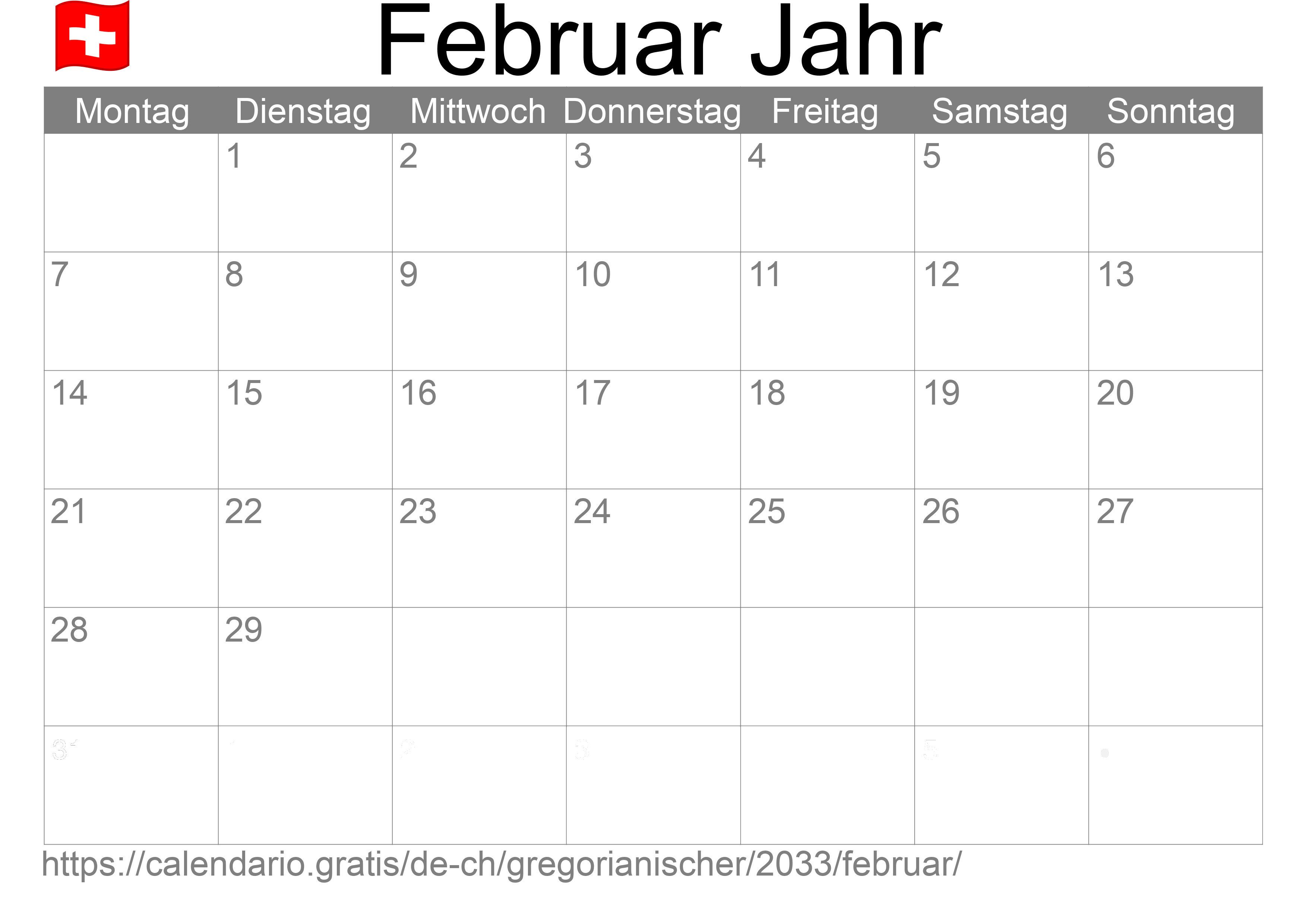 Kalender Februar 2033 zum Ausdrucken