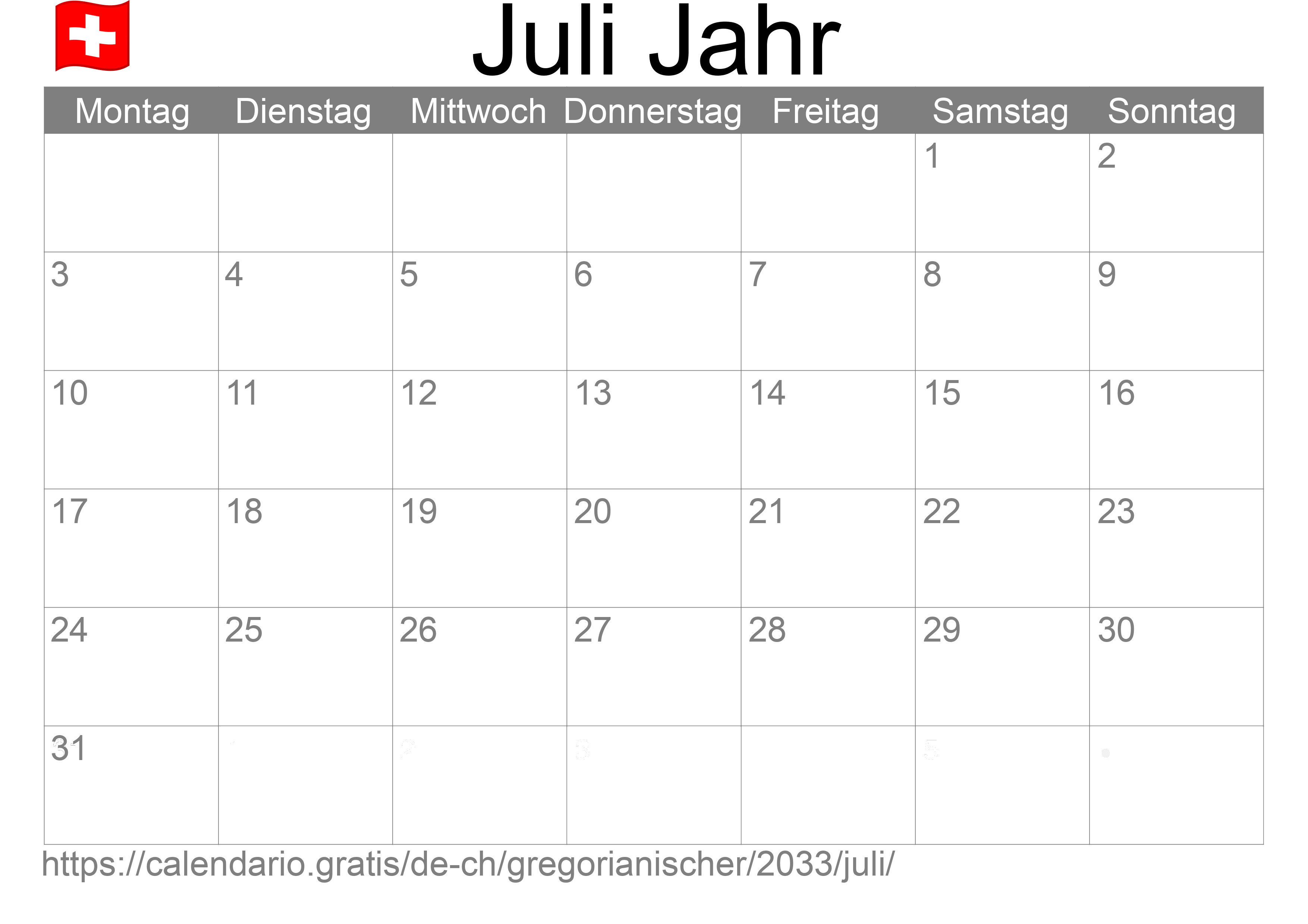 Kalender Juli 2033 zum Ausdrucken