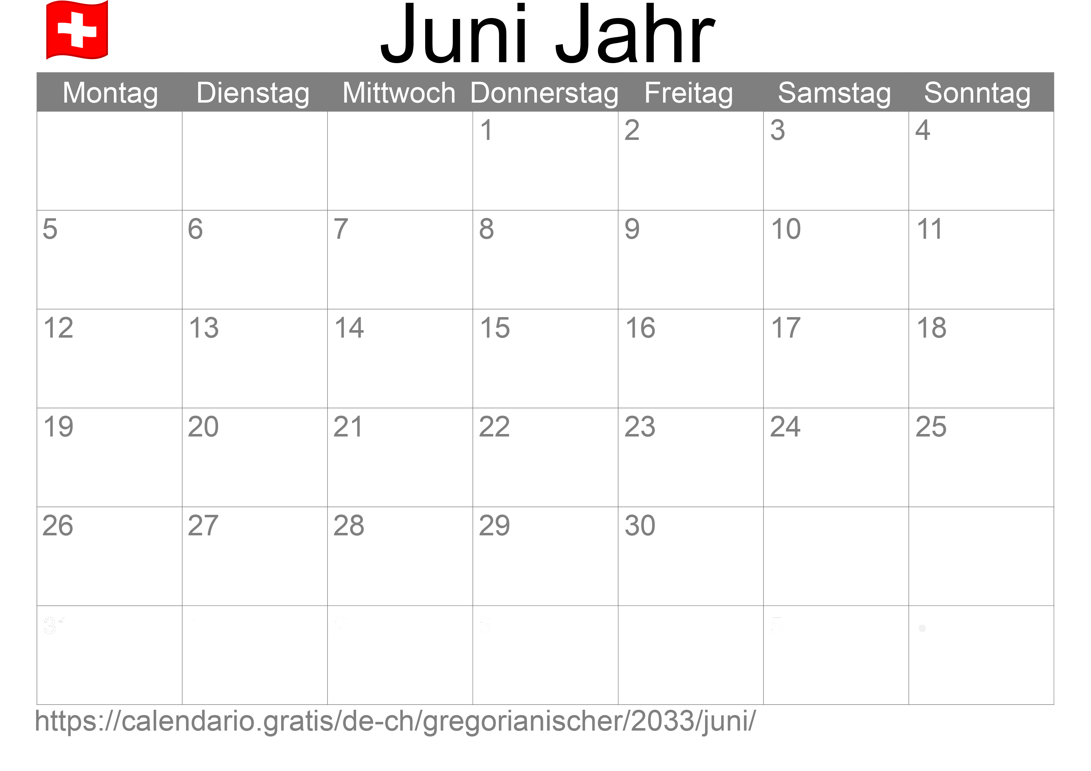 Kalender Juni 2033 zum Ausdrucken