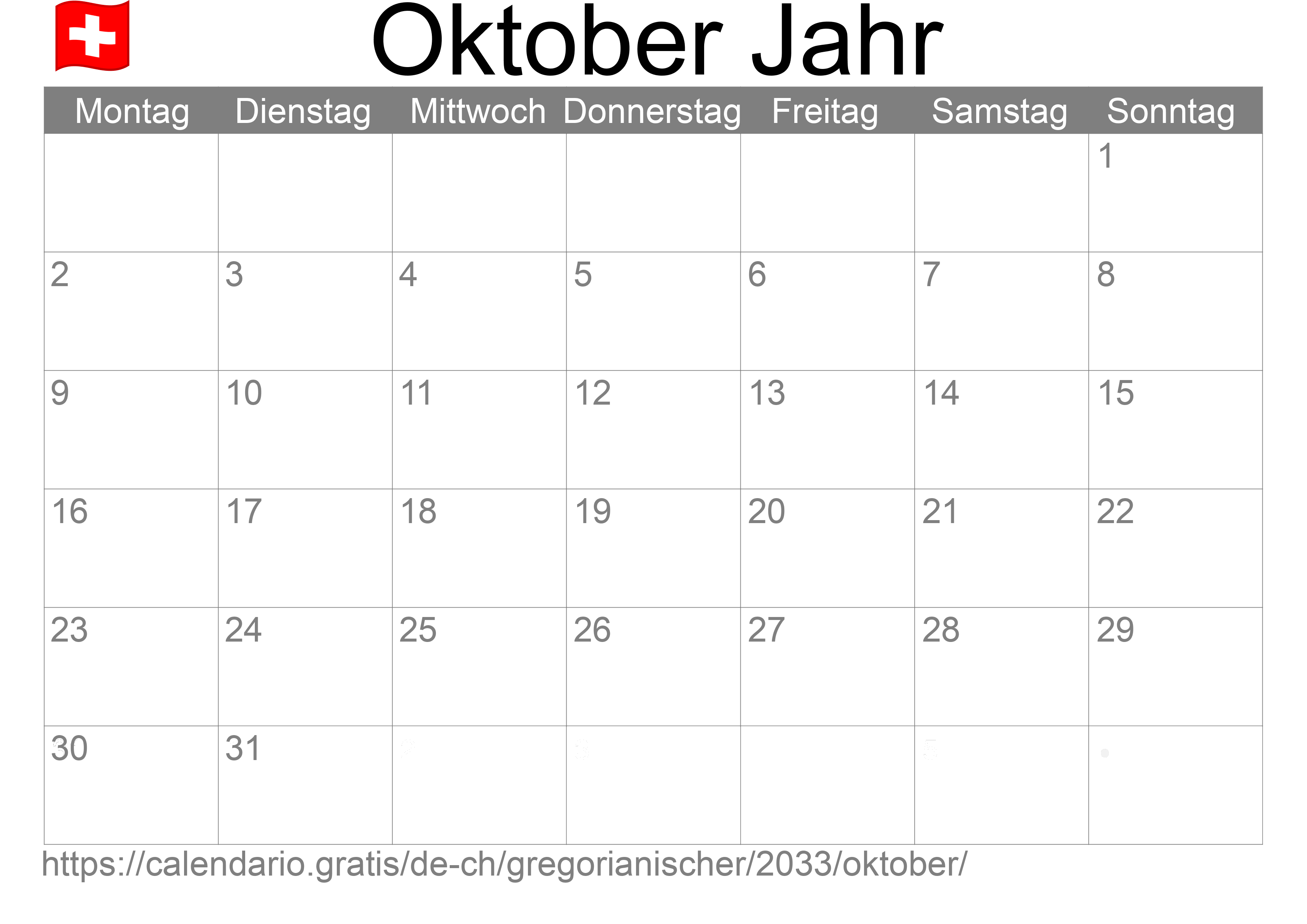 Kalender Oktober 2033 zum Ausdrucken