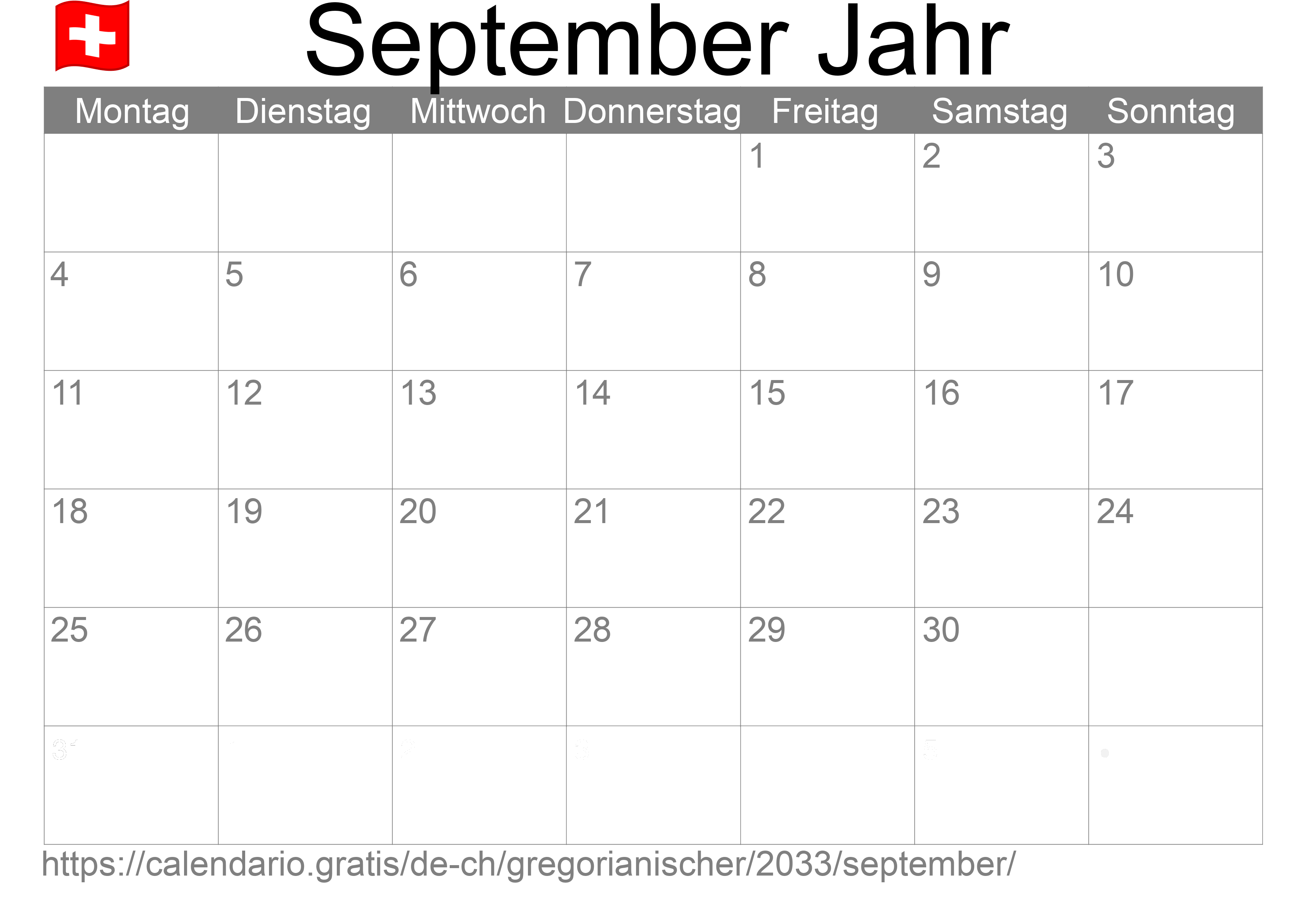 Kalender September 2033 zum Ausdrucken