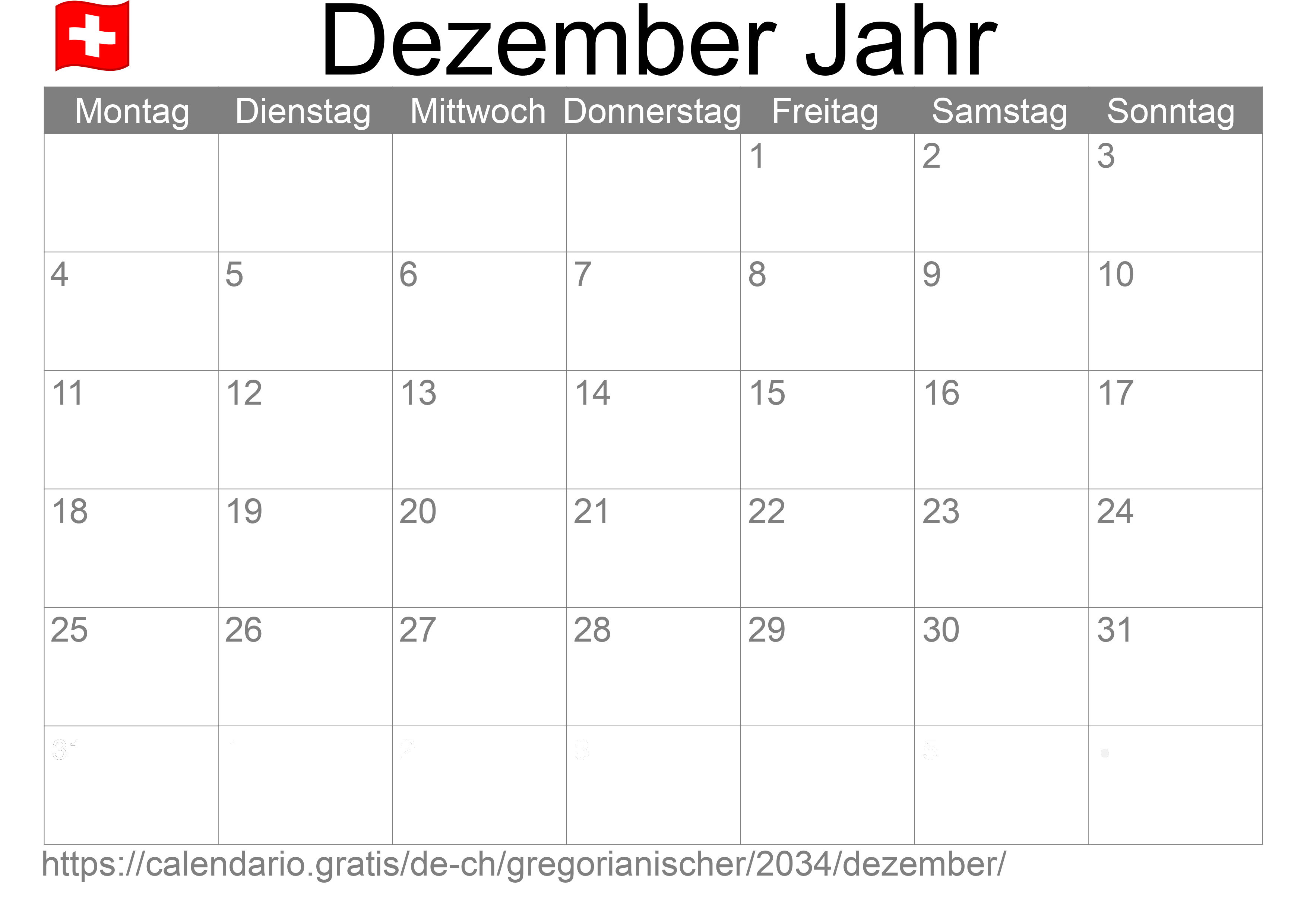 Kalender Dezember 2034 zum Ausdrucken