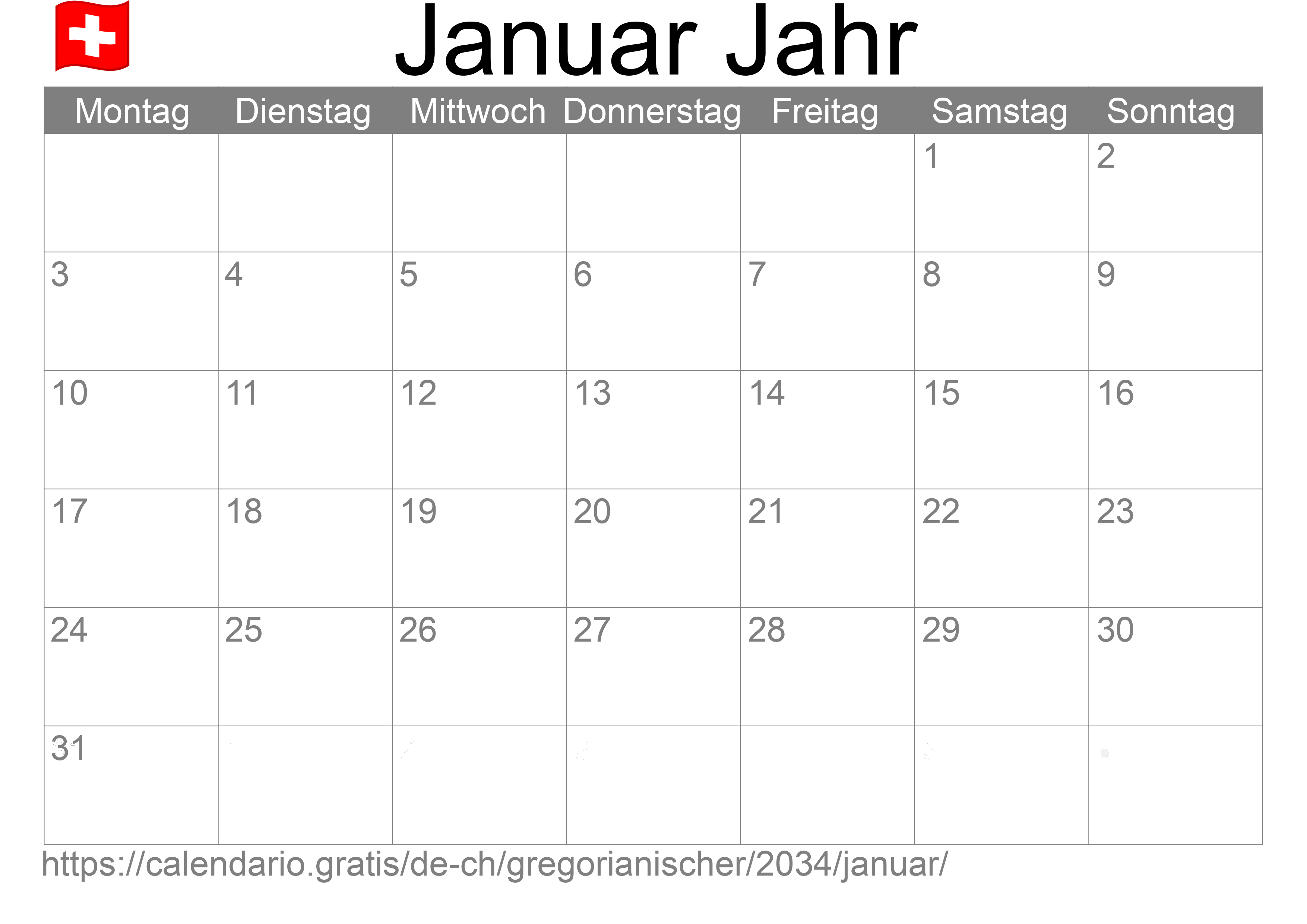 Kalender Januar 2034 zum Ausdrucken