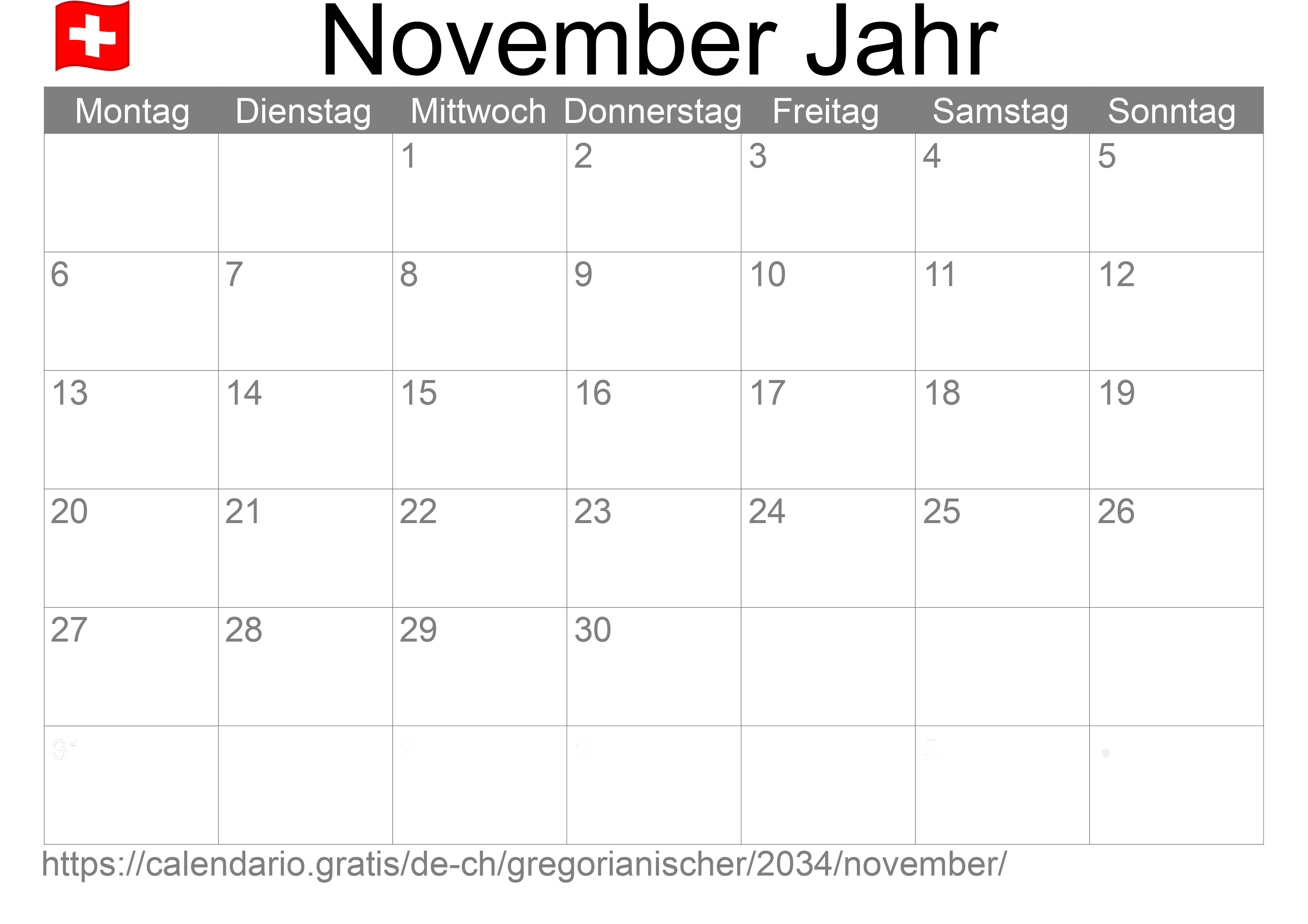 Kalender November 2034 zum Ausdrucken