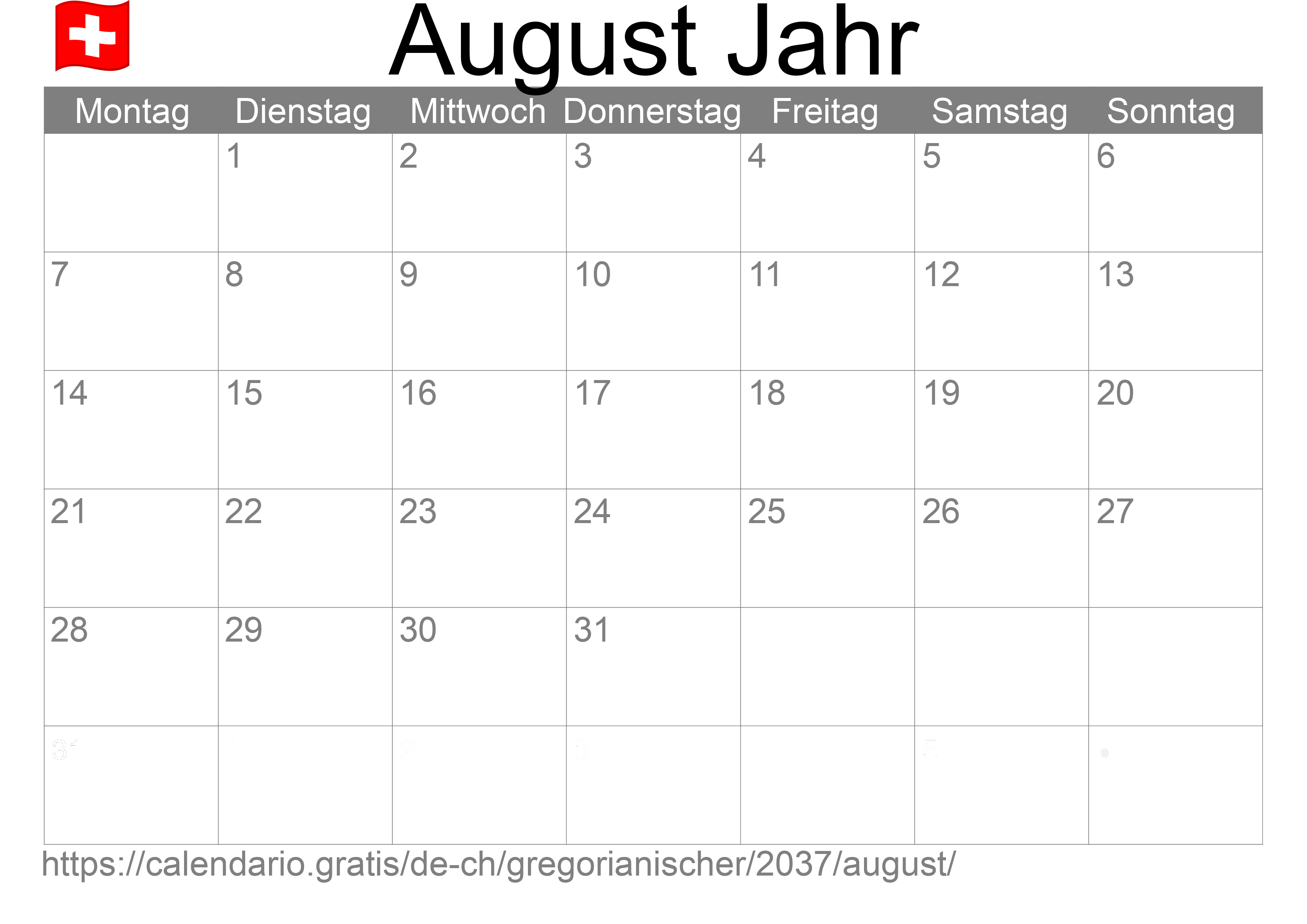 Kalender August 2037 zum Ausdrucken