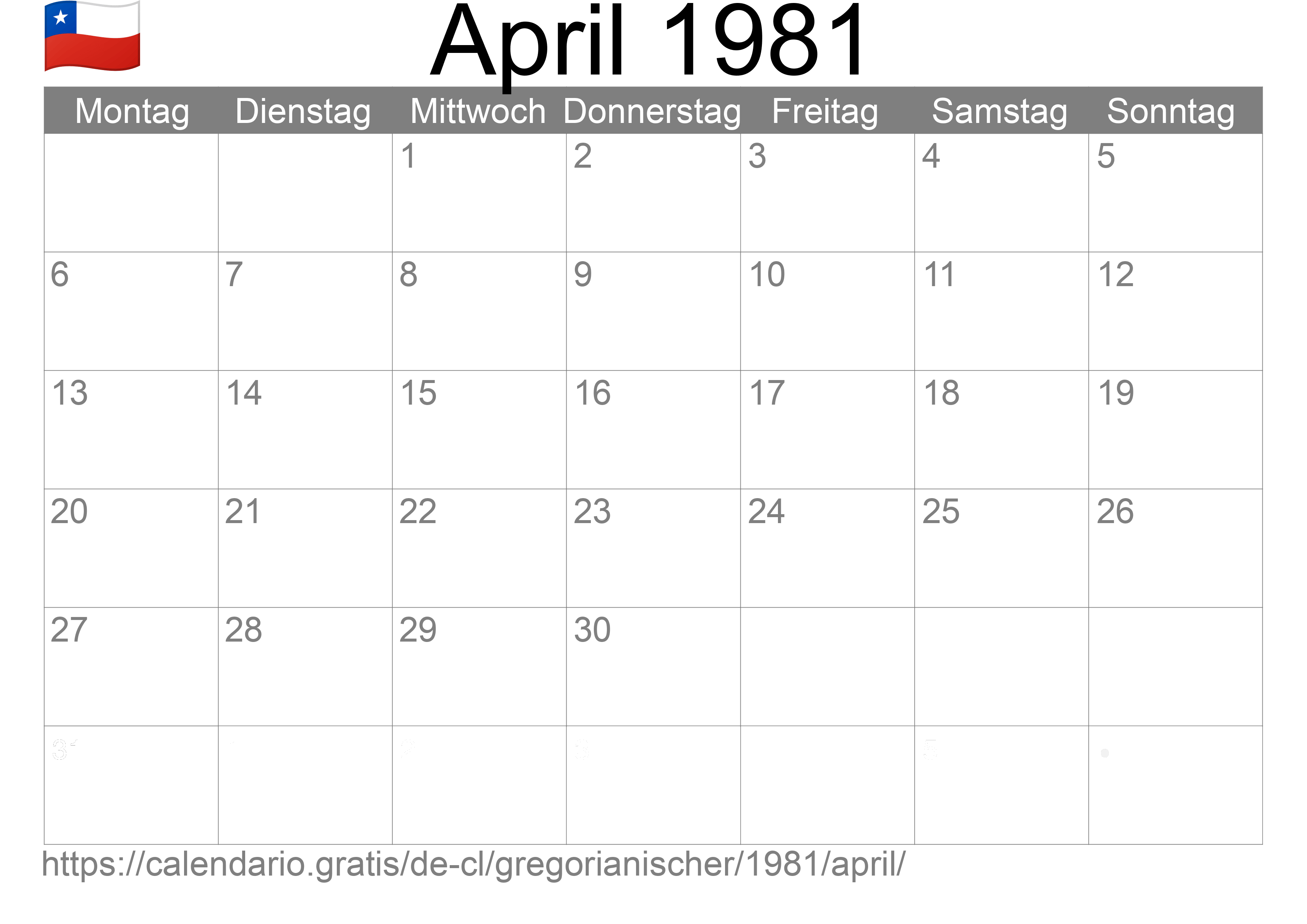 Kalender April 1981 zum Ausdrucken