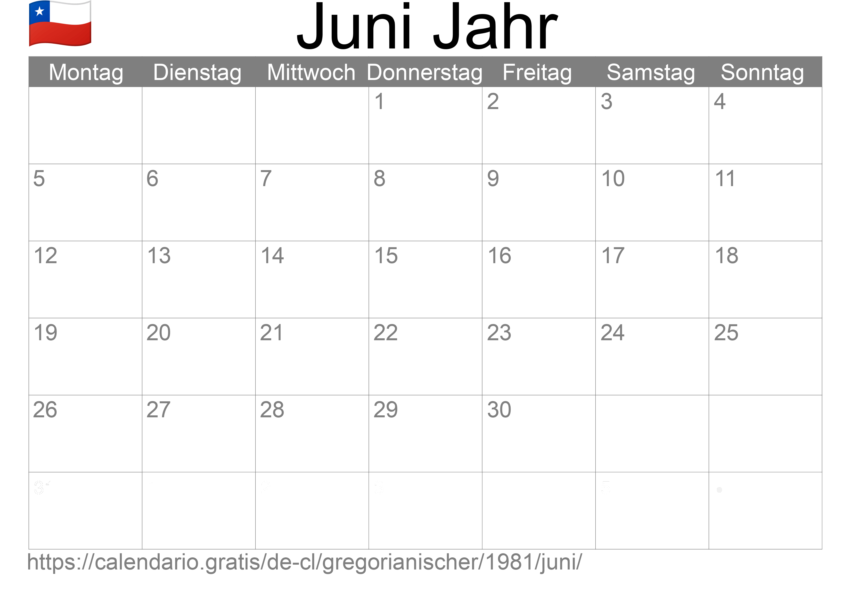 Kalender Juni 1981 zum Ausdrucken