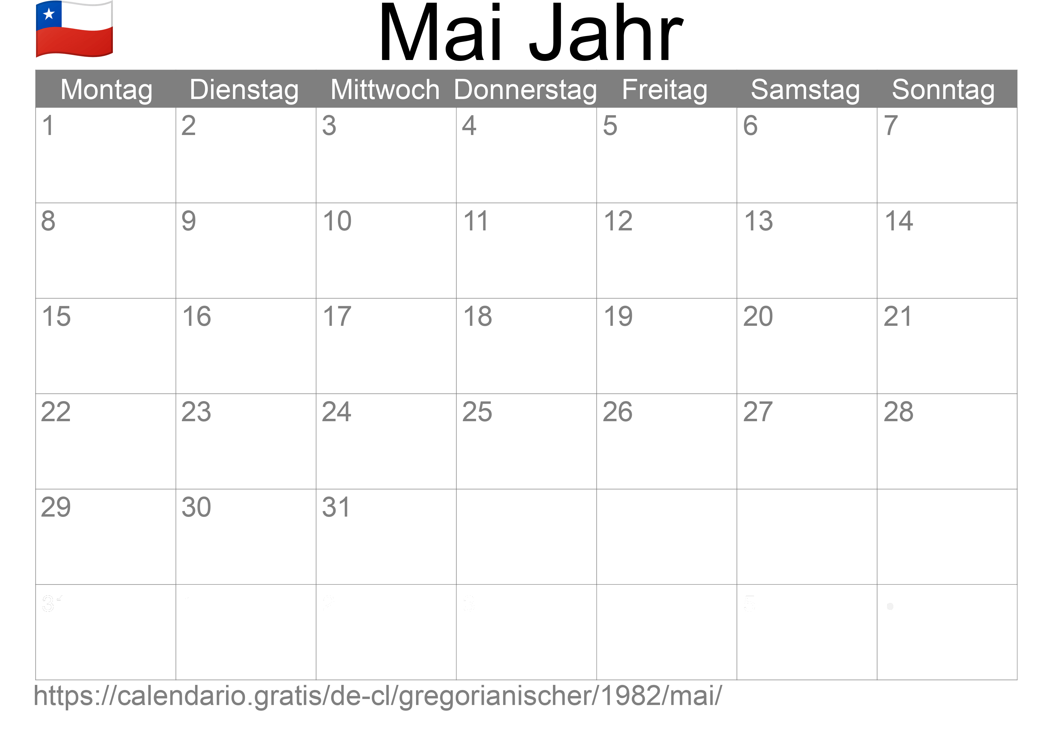 Kalender Mai 1982 zum Ausdrucken