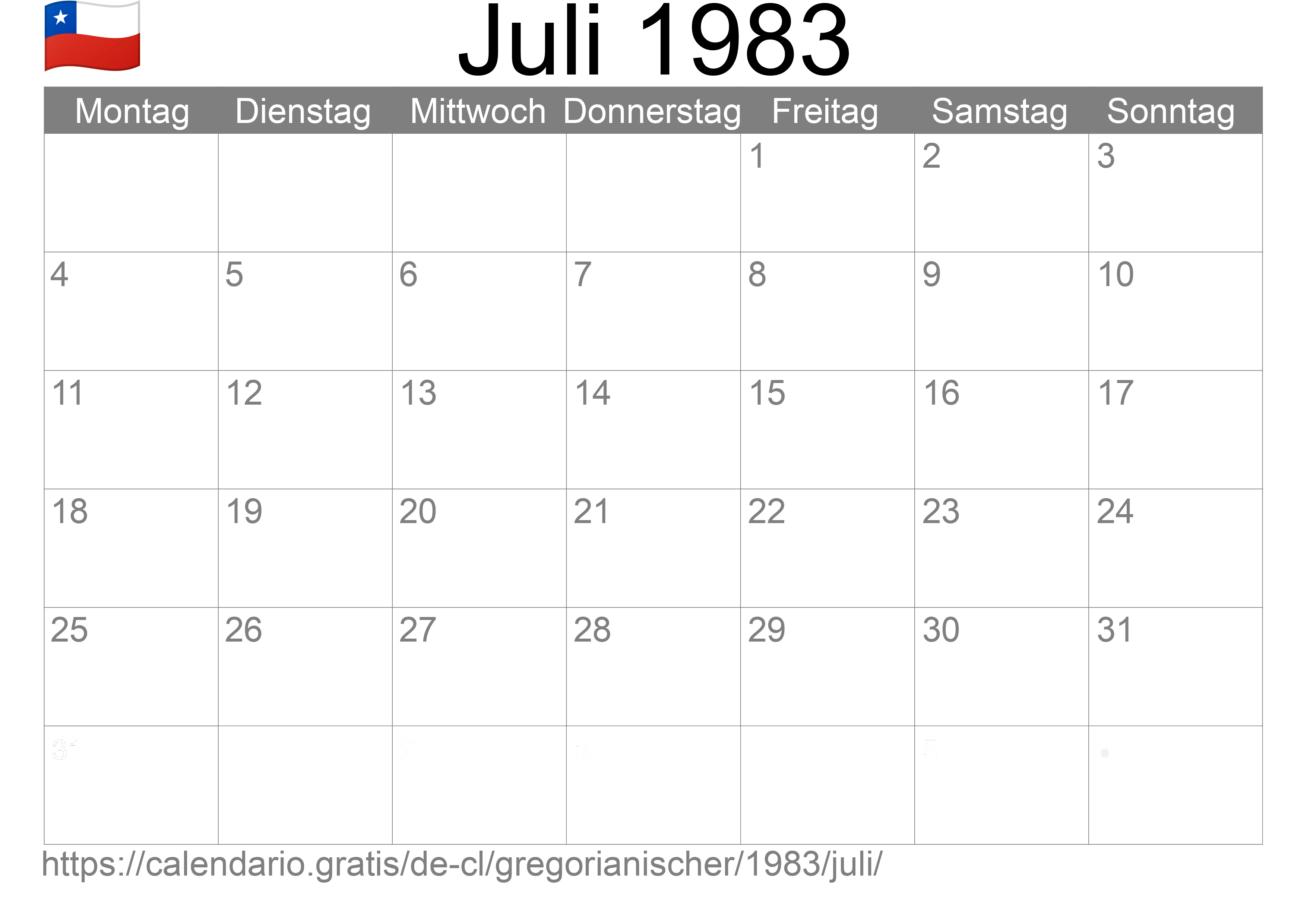 Kalender Juli 1983 zum Ausdrucken