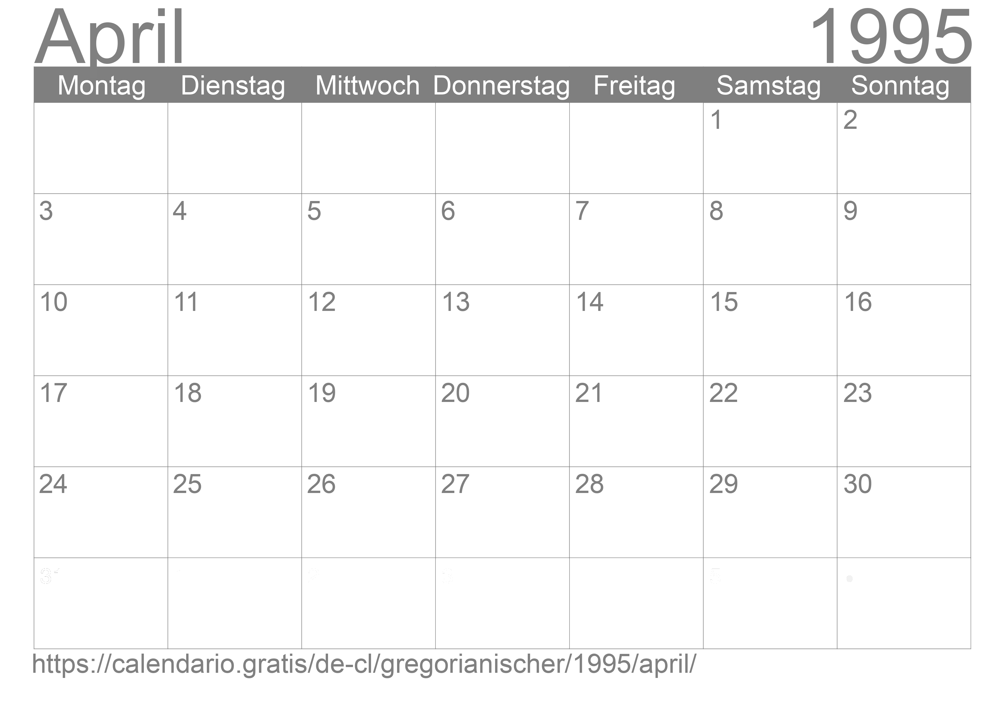 Kalender April 1995 zum Ausdrucken