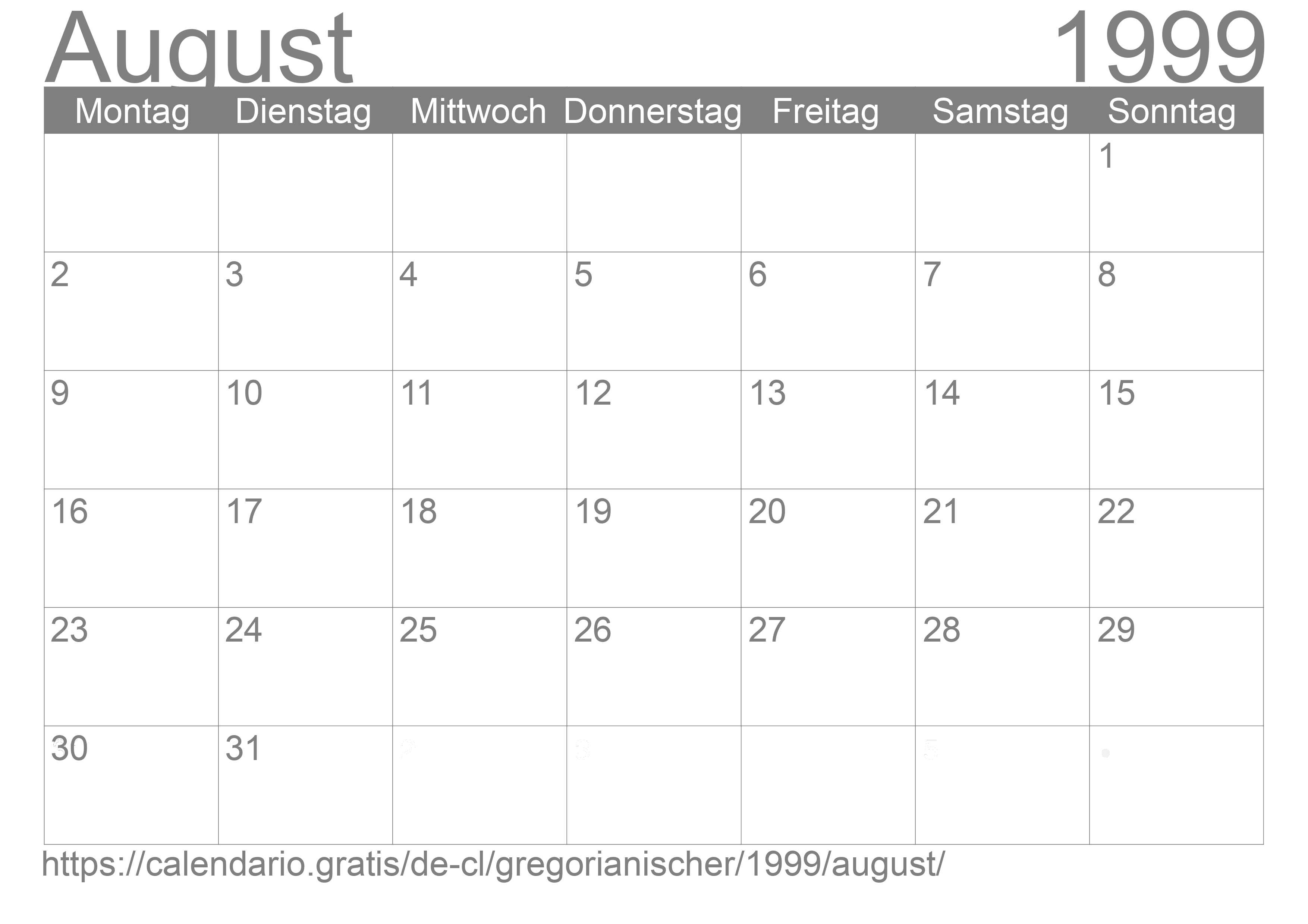 Kalender August 1999 zum Ausdrucken