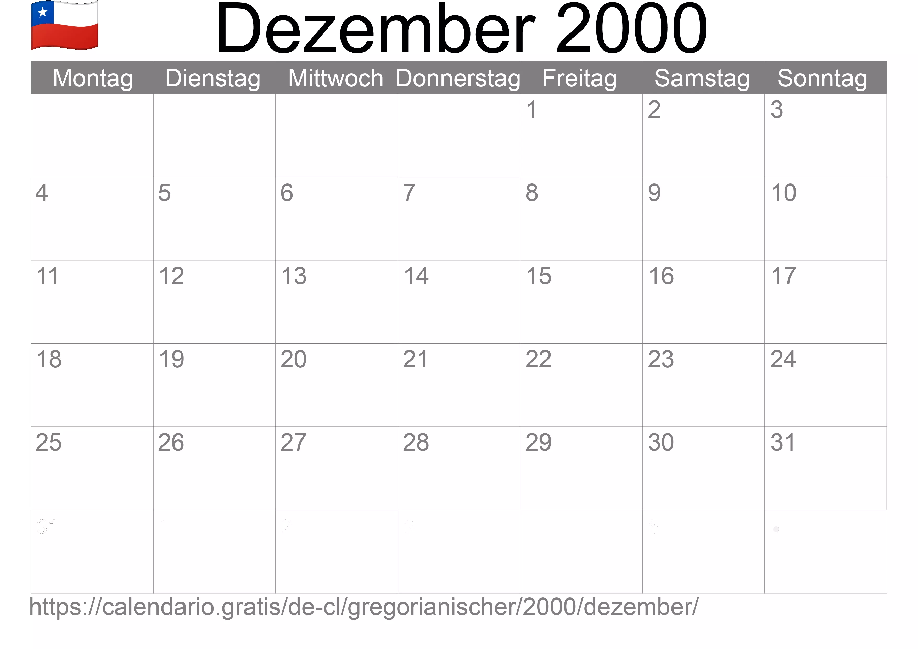 Kalender Dezember 2000 zum Ausdrucken (Chile)