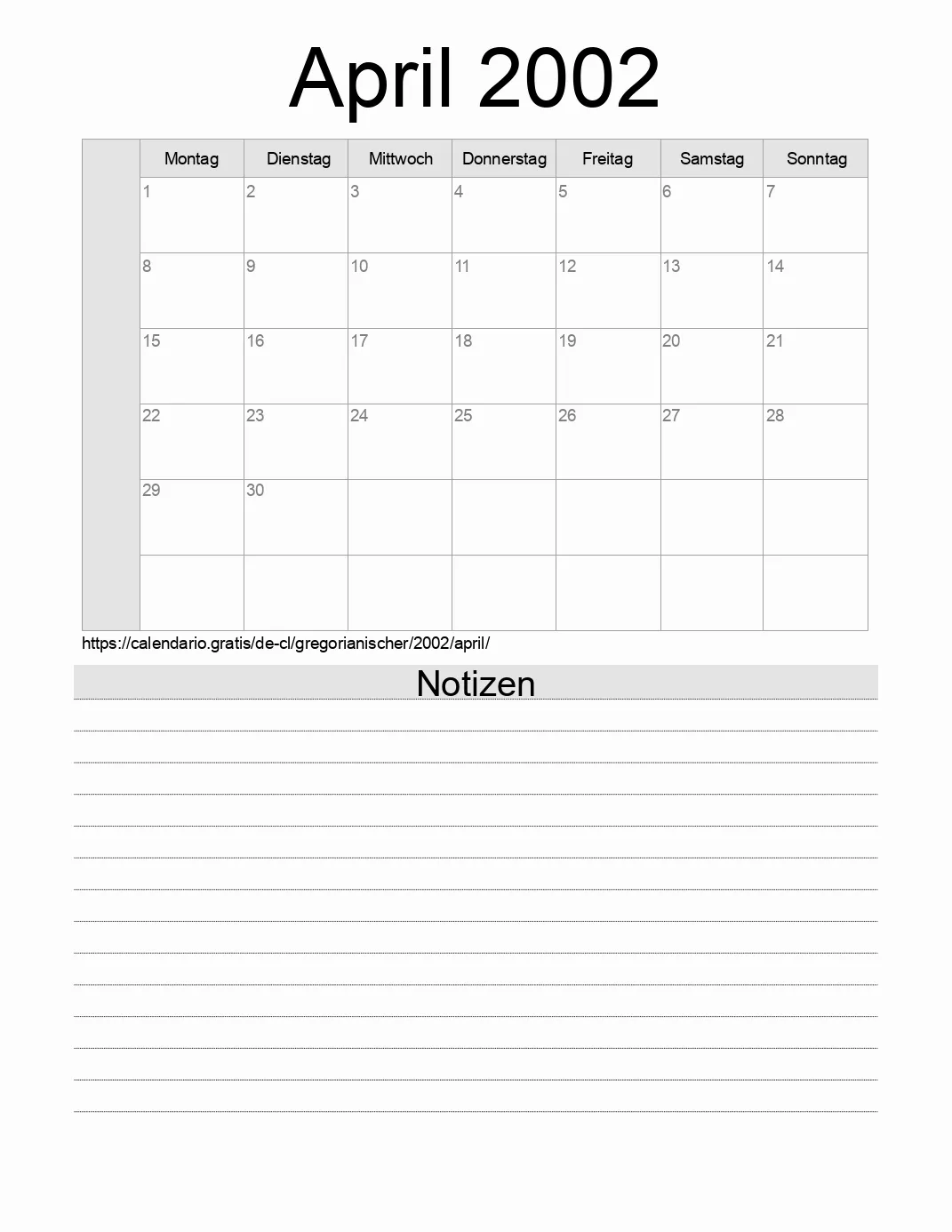 Kalender für April 2002 zum Drucken mit Notizen. (Chile)