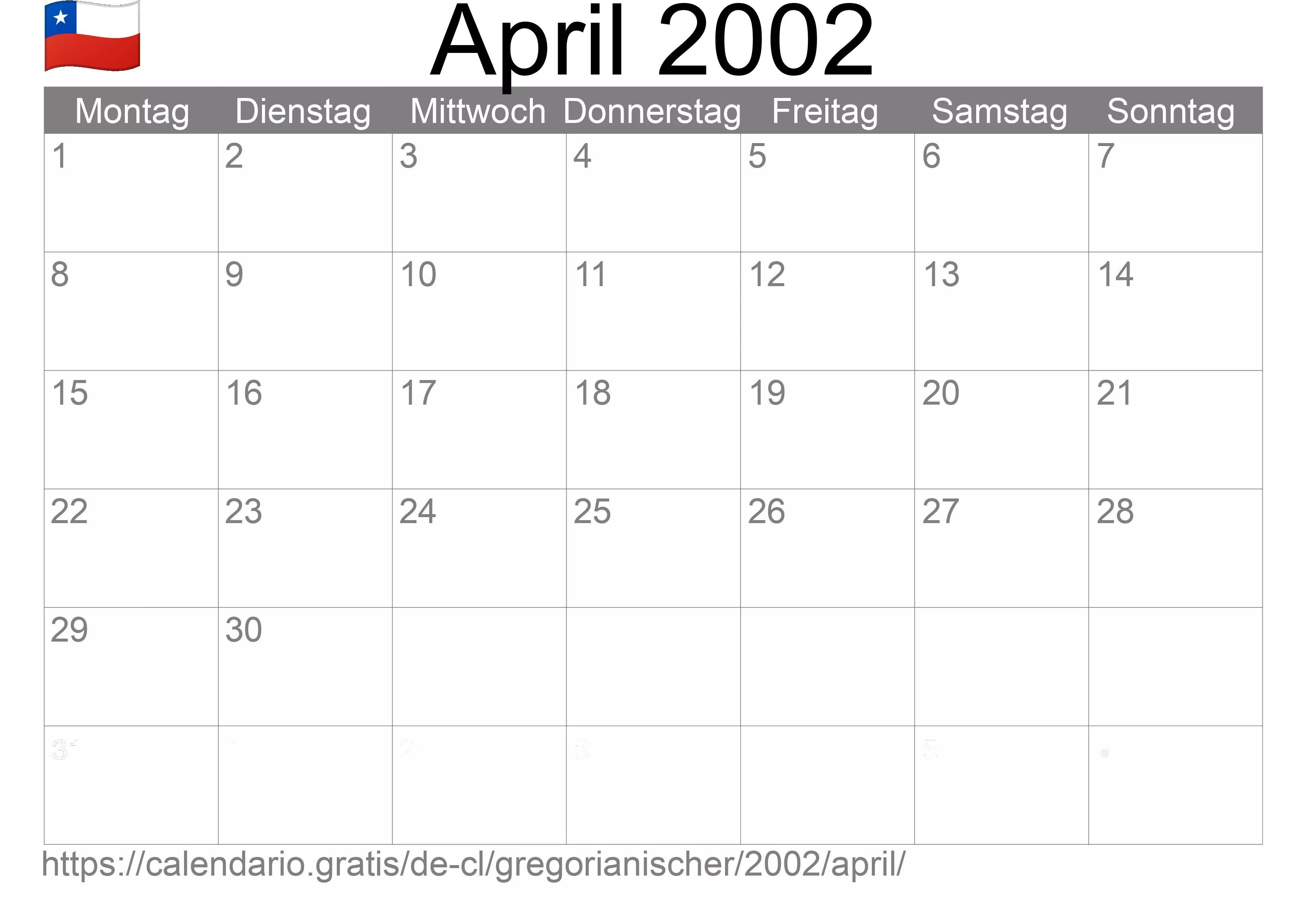 Kalender April 2002 zum Ausdrucken (Chile)