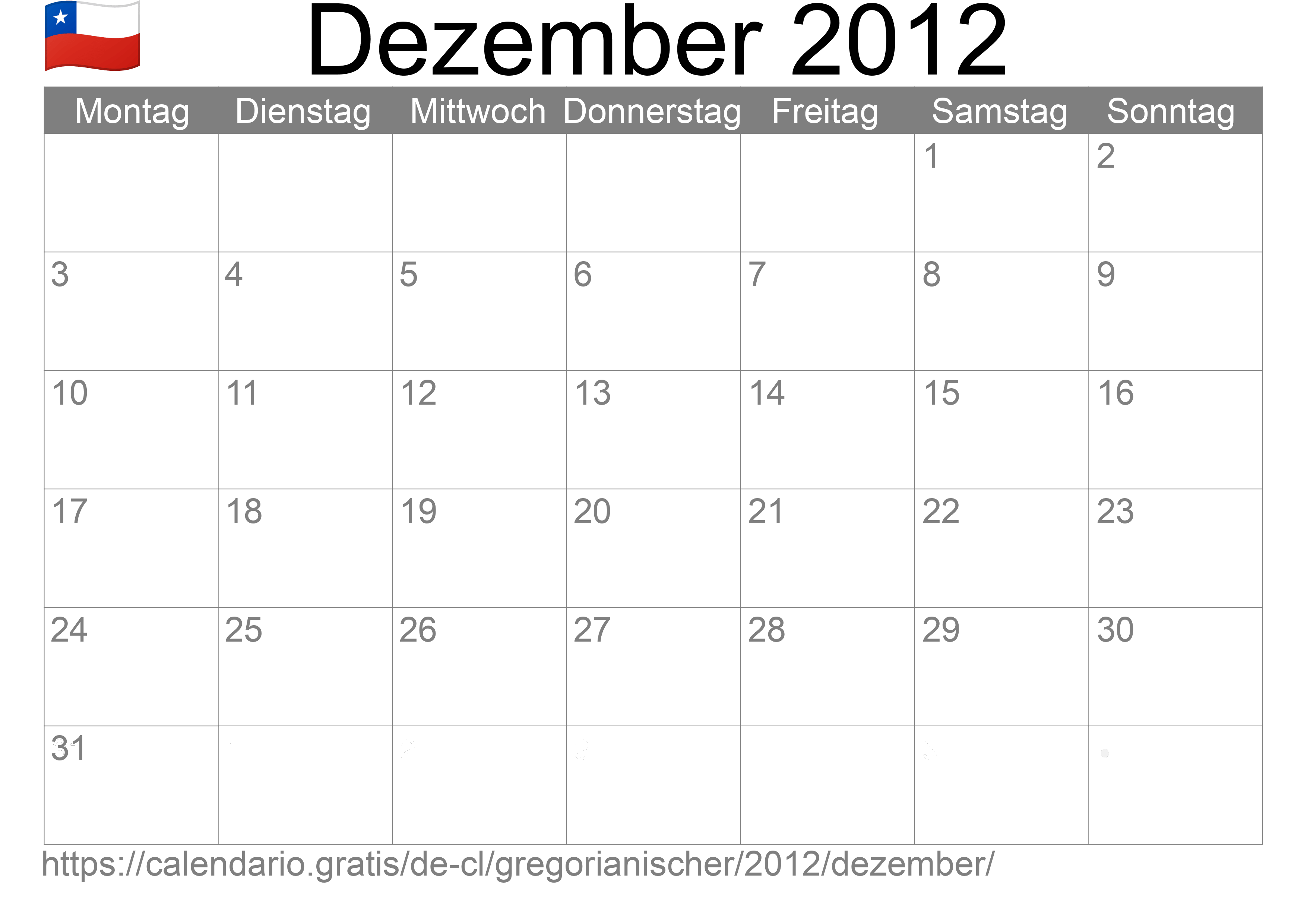 Kalender Dezember 2012 zum Ausdrucken