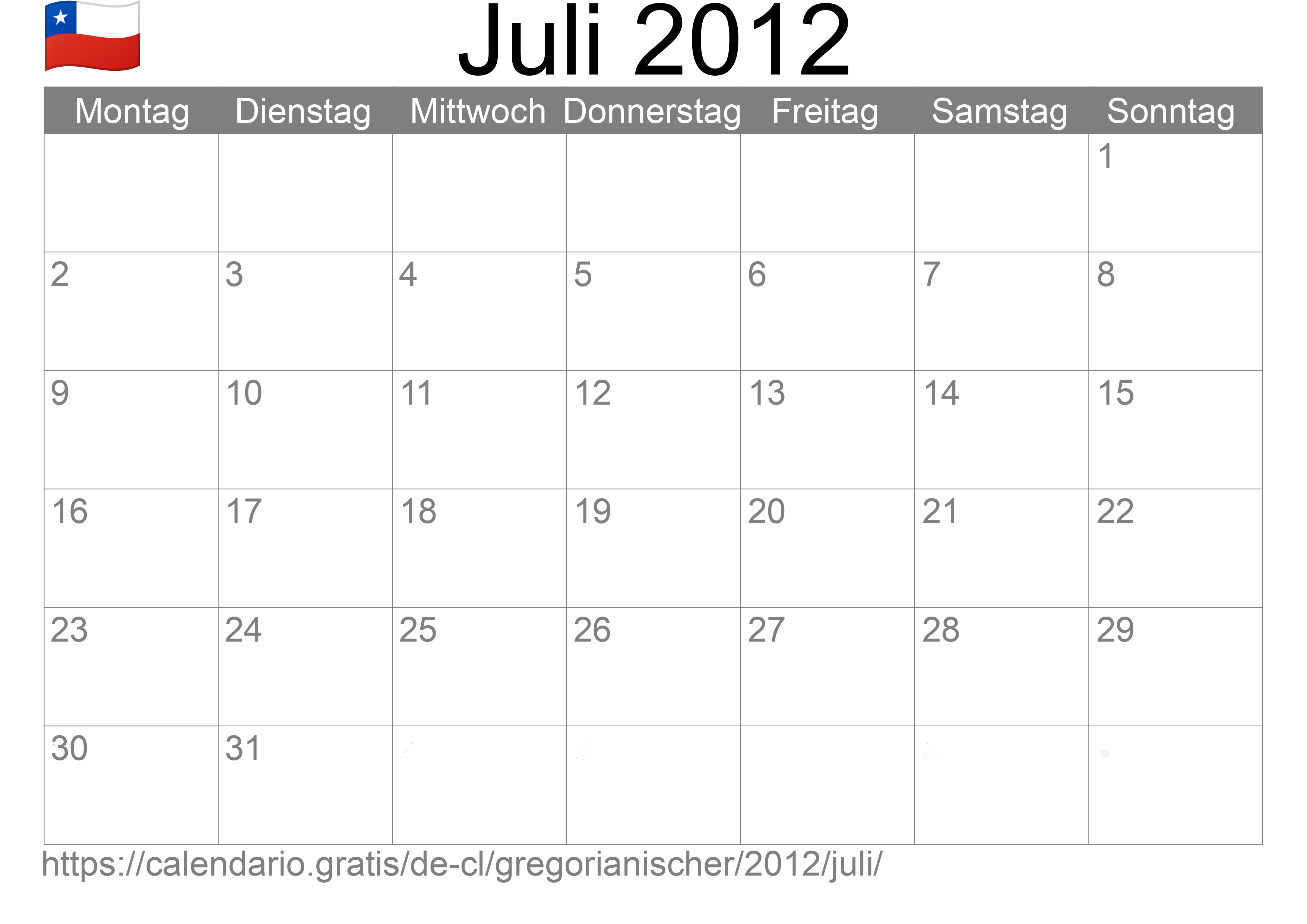 Kalender Juli 2012 zum Ausdrucken