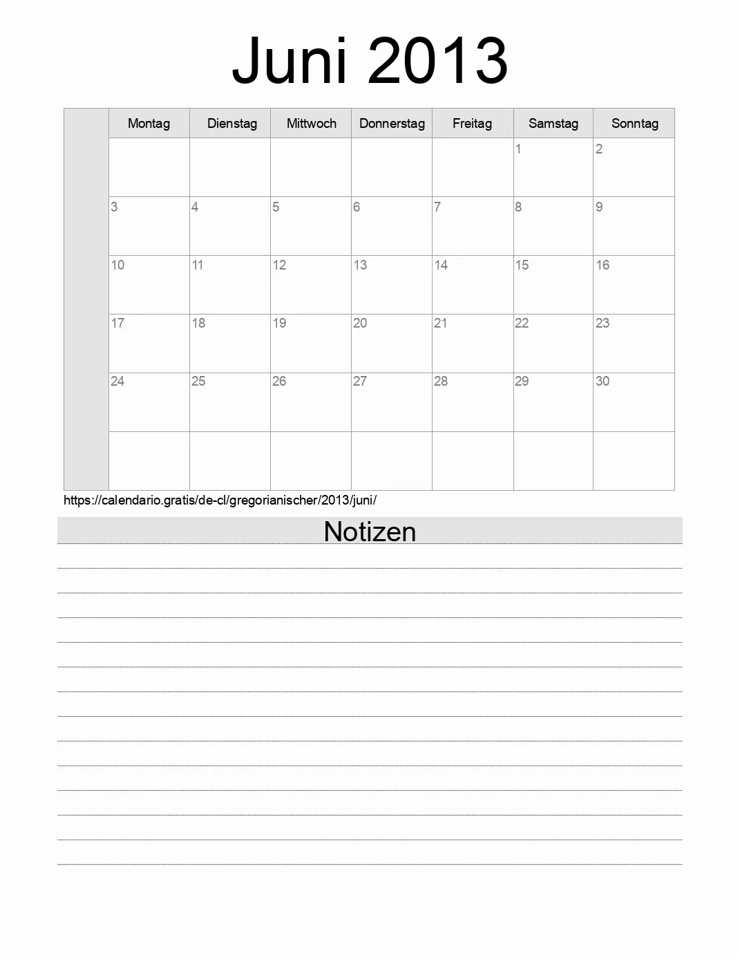 Kalender für Juni 2013 zum Drucken mit Notizen. (Chile)