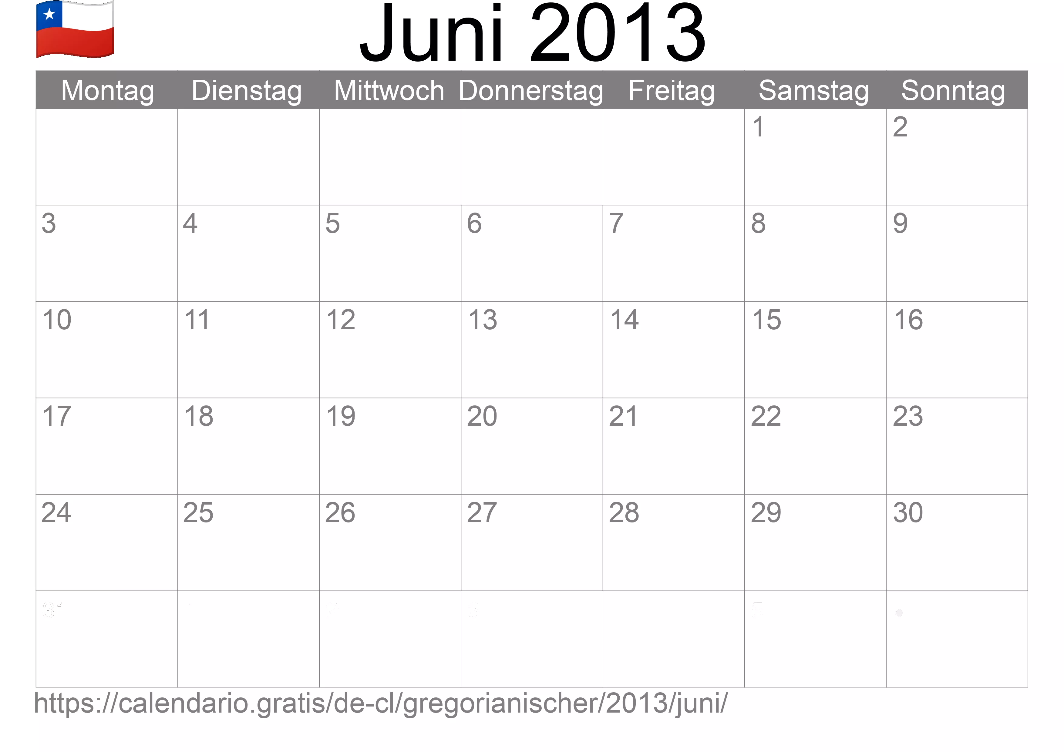 Kalender Juni 2013 zum Ausdrucken (Chile)