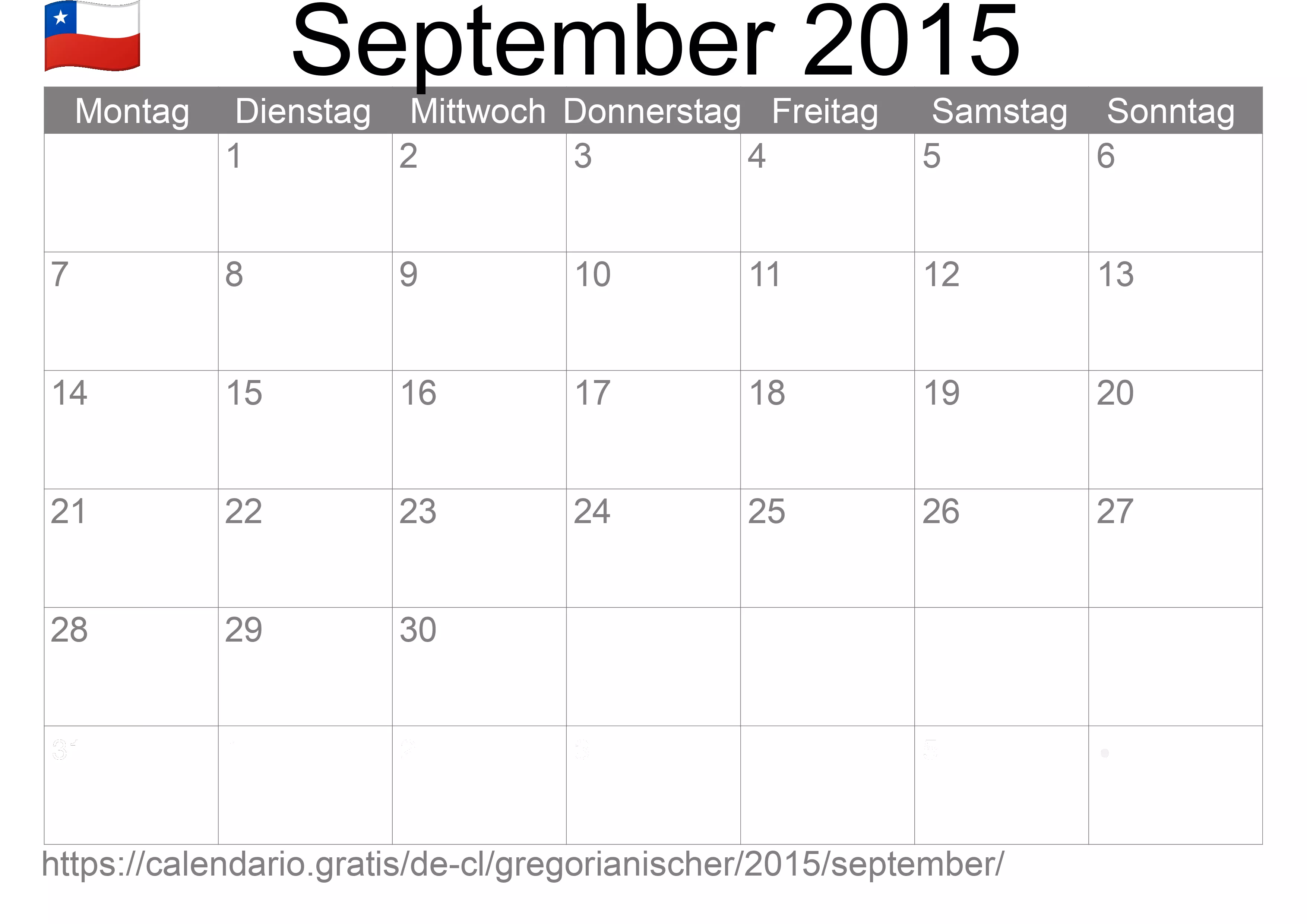Kalender September 2015 zum Ausdrucken (Chile)