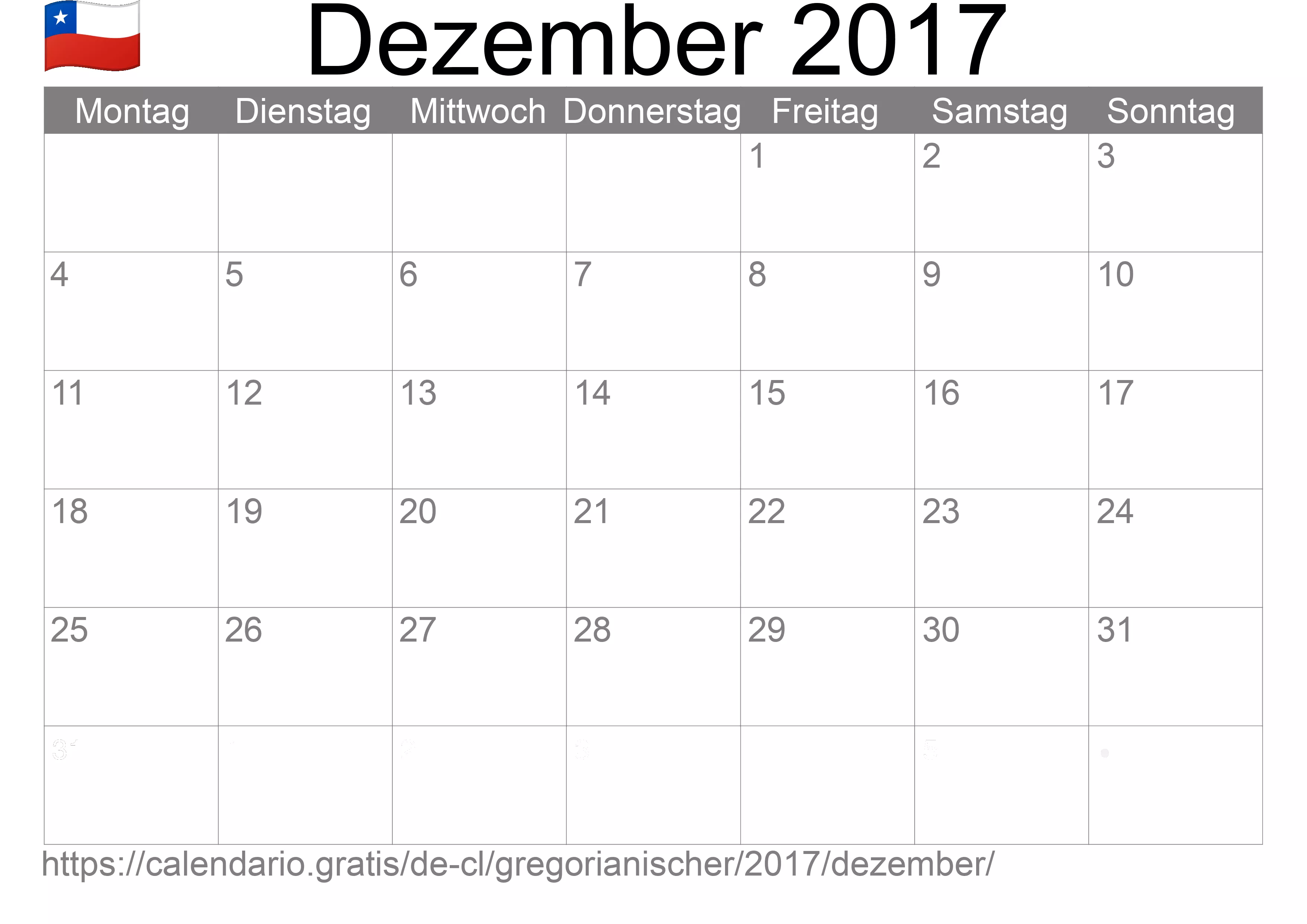 Kalender Dezember 2017 zum Ausdrucken (Chile)