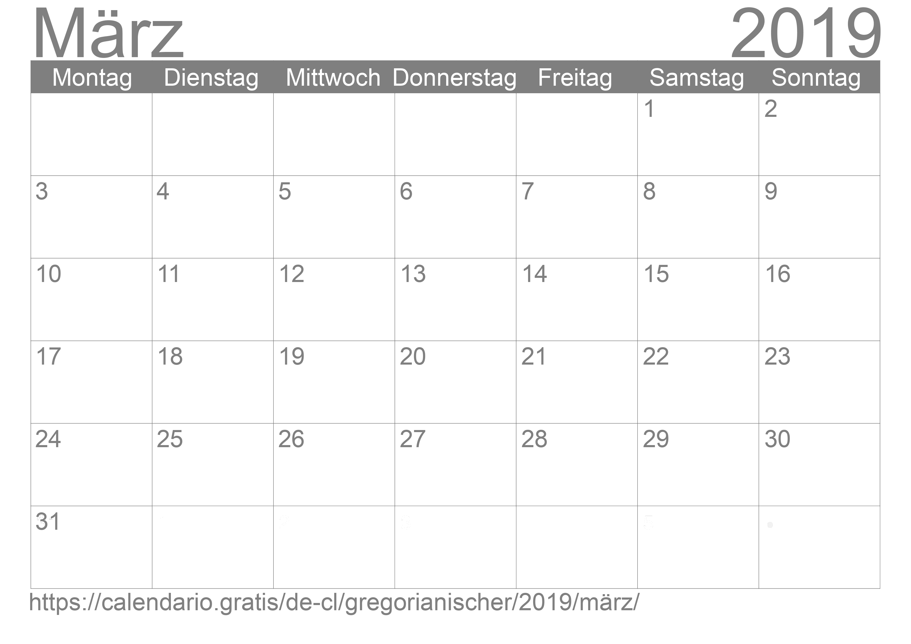 Kalender März 2019 zum Ausdrucken