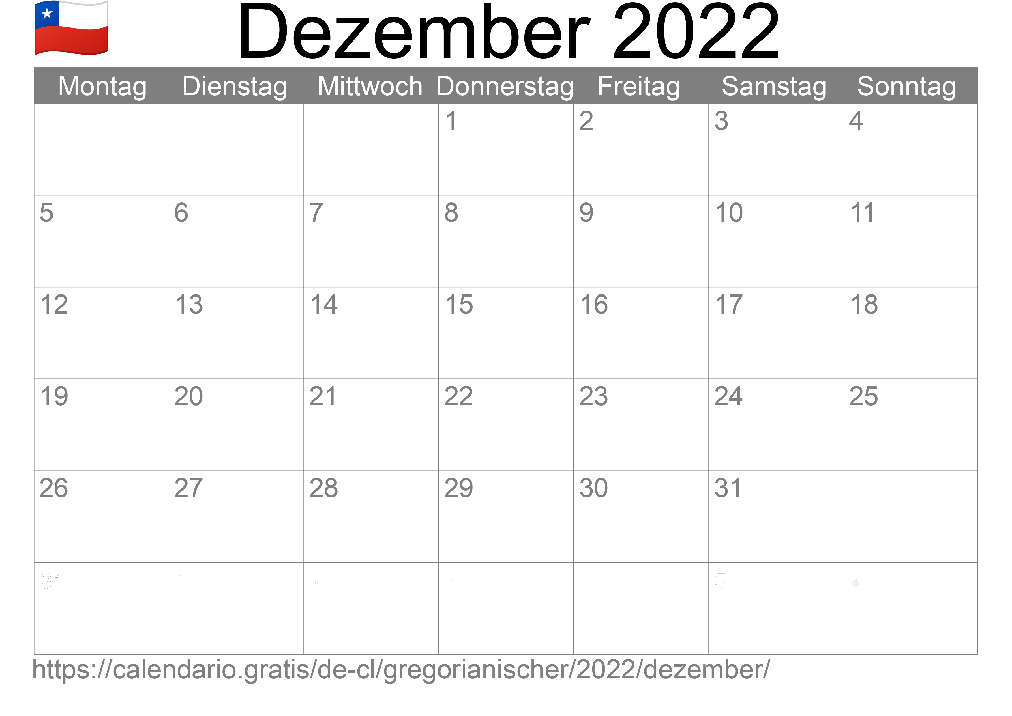 Kalender Dezember 2022 zum Ausdrucken